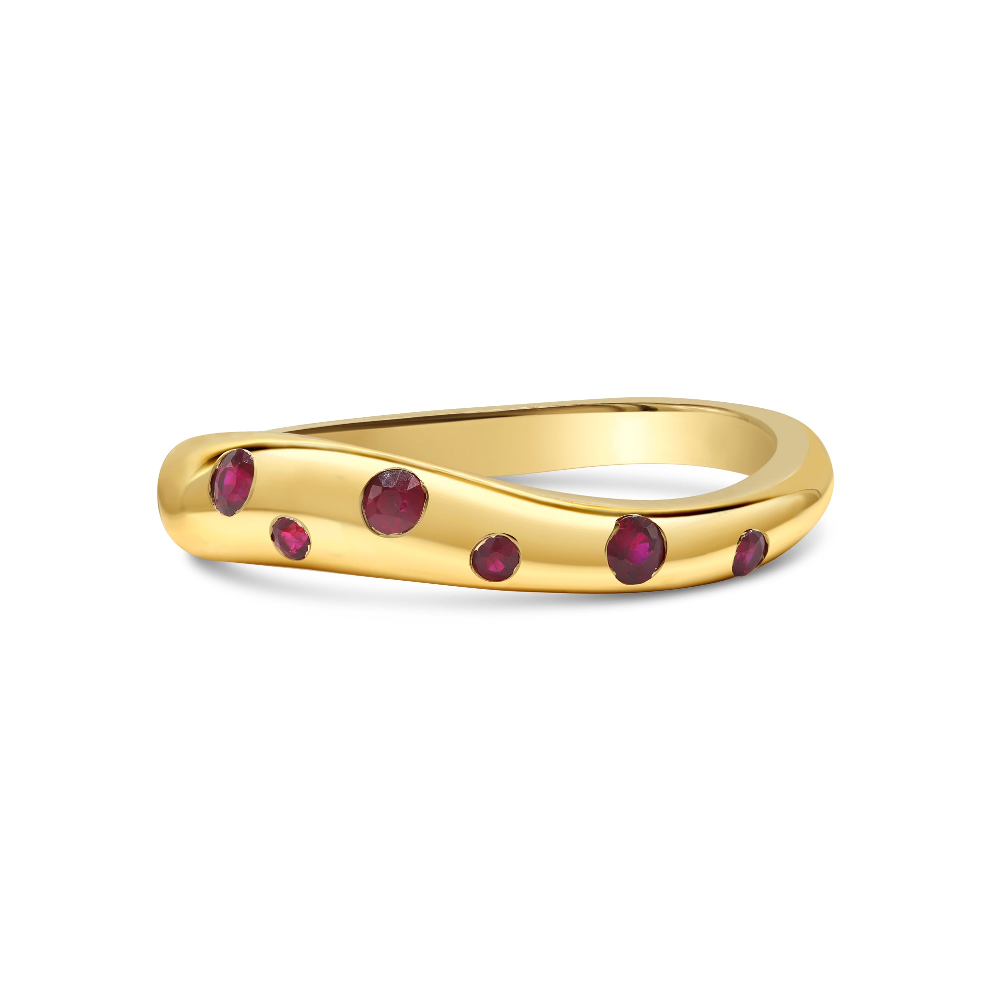 Ruby inlay curve ring in 14K gold featuring flush-set rubies along a smooth curved band in a modern stacking design.