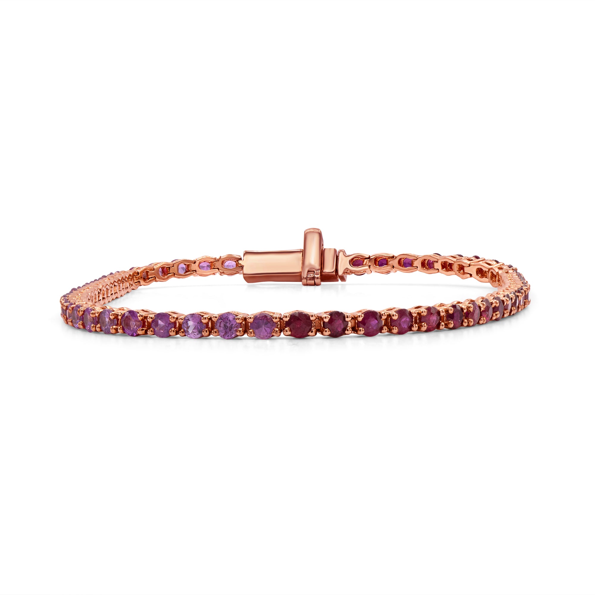 14K gold bracelet featuring rubies, pink sapphires, and round diamond accents in a vibrant design.