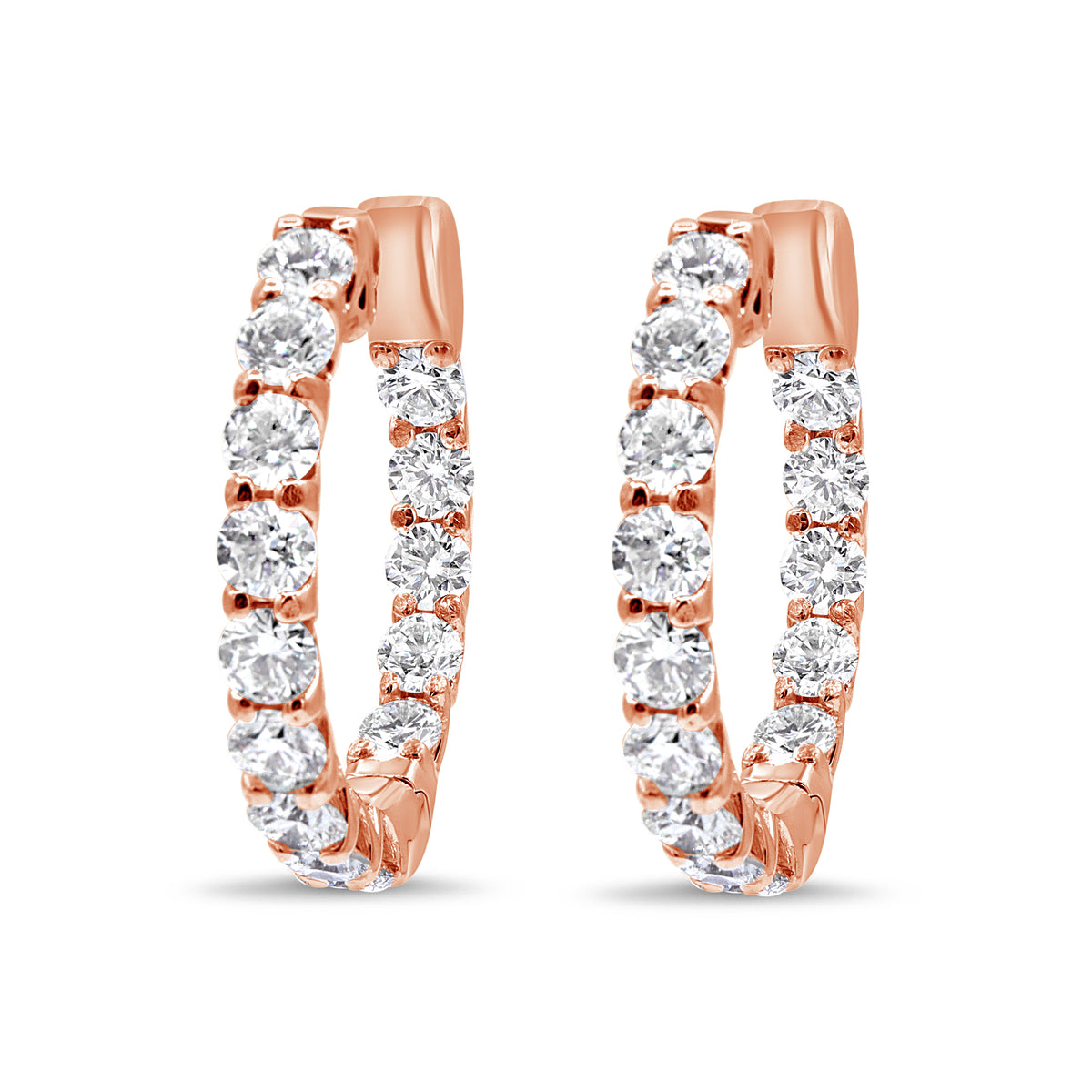 1-inch diamond hoop earrings available in 18K white, yellow, or rose gold, featuring 28 round brilliant diamonds totaling 4.71 carats.