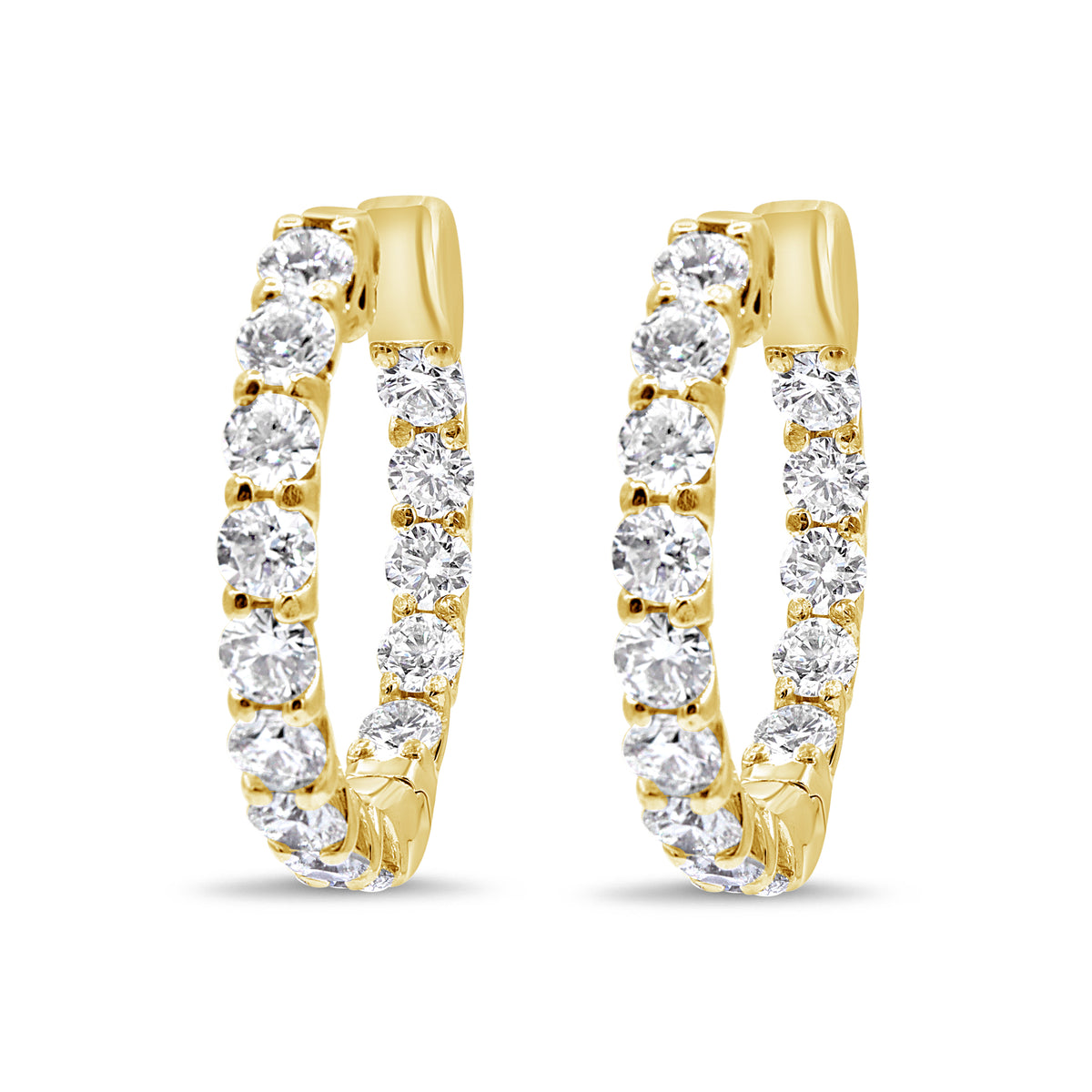 1-inch diamond hoop earrings available in 18K white, yellow, or rose gold, featuring 28 round brilliant diamonds totaling 4.71 carats.