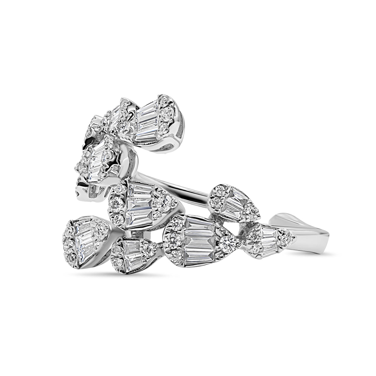 14K gold double petal ring with baguette and round diamond accents.