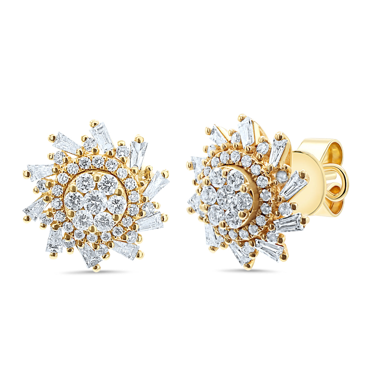 14K gold sun-inspired stud earrings featuring 20 baguette diamonds and 70 round diamonds totaling 0.92 CTW.