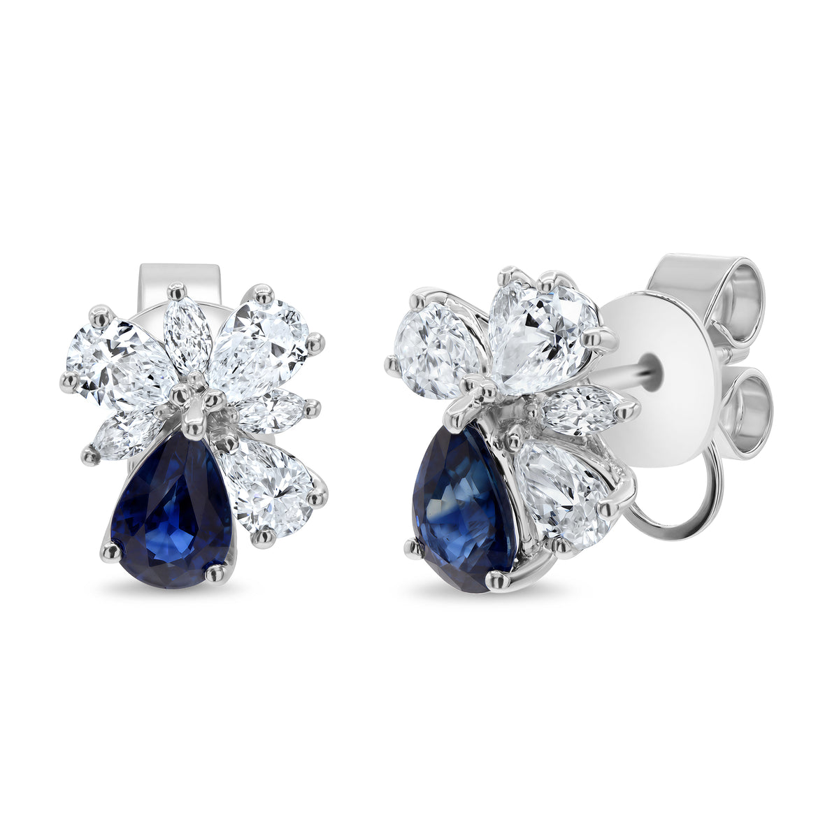 14K gold drop stud earrings featuring 2 blue sapphires, 6 marquise diamonds, and 2 pear-shaped diamonds in a cascading design.
