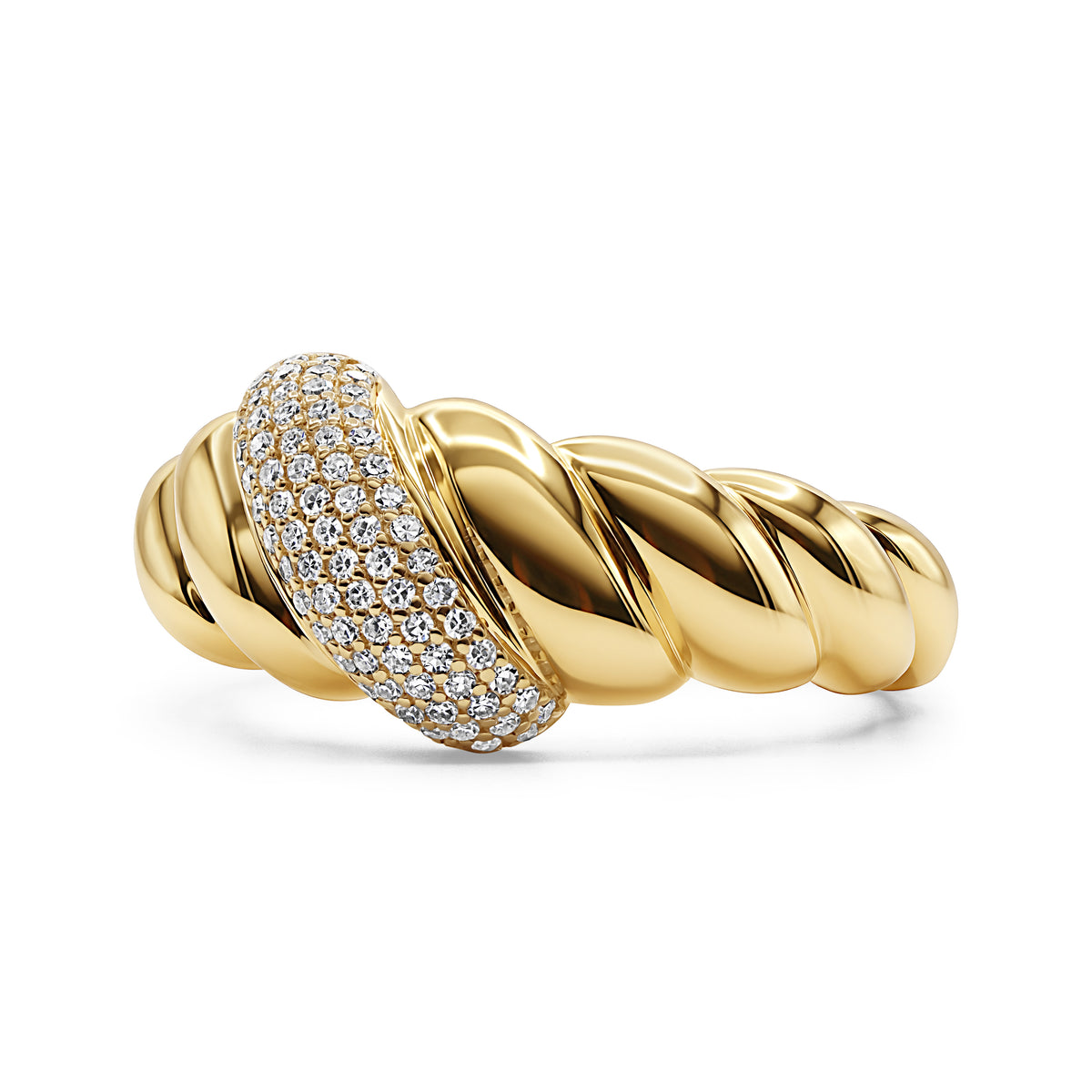 14K gold croissant dome ring with pavé-set round diamond accents.