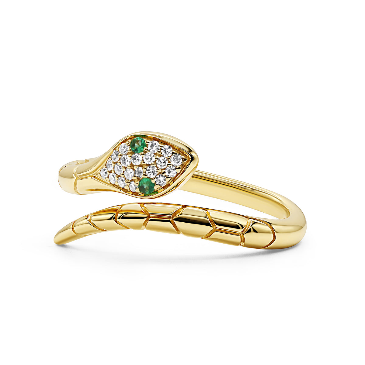 14K gold snake ring with round diamond accents and green emerald eyes.