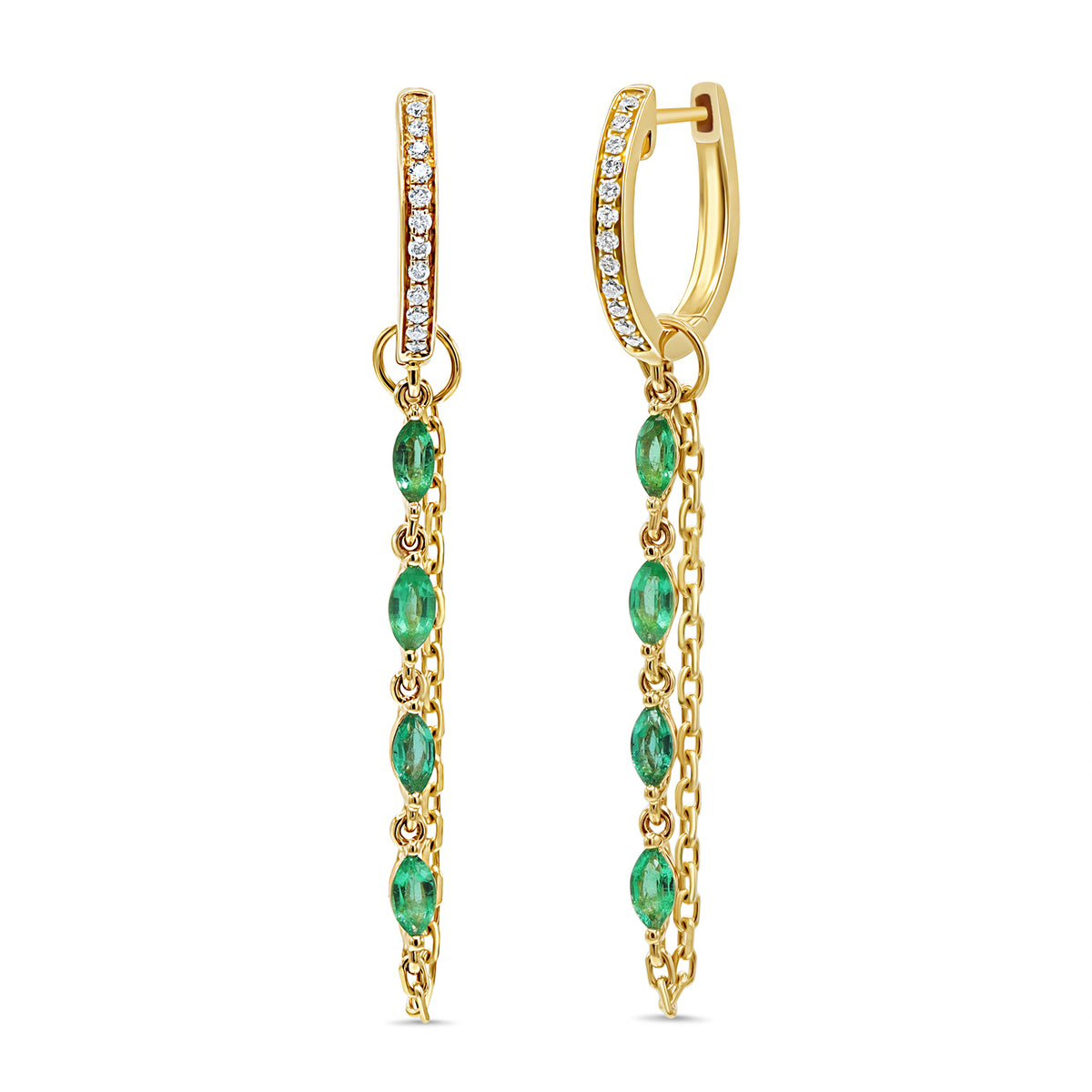 14K gold chain earrings featuring 8 emerald-cut green emeralds and 24 round diamonds totaling 0.62 CTW.