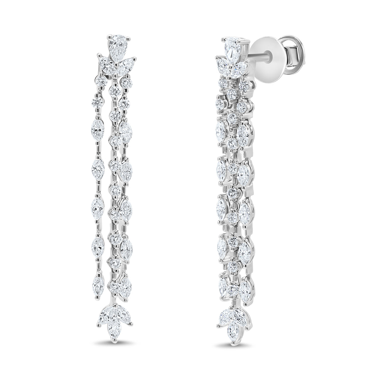 14K gold chandelier earrings with cascading marquise, pear-shaped, and round diamond accents.
