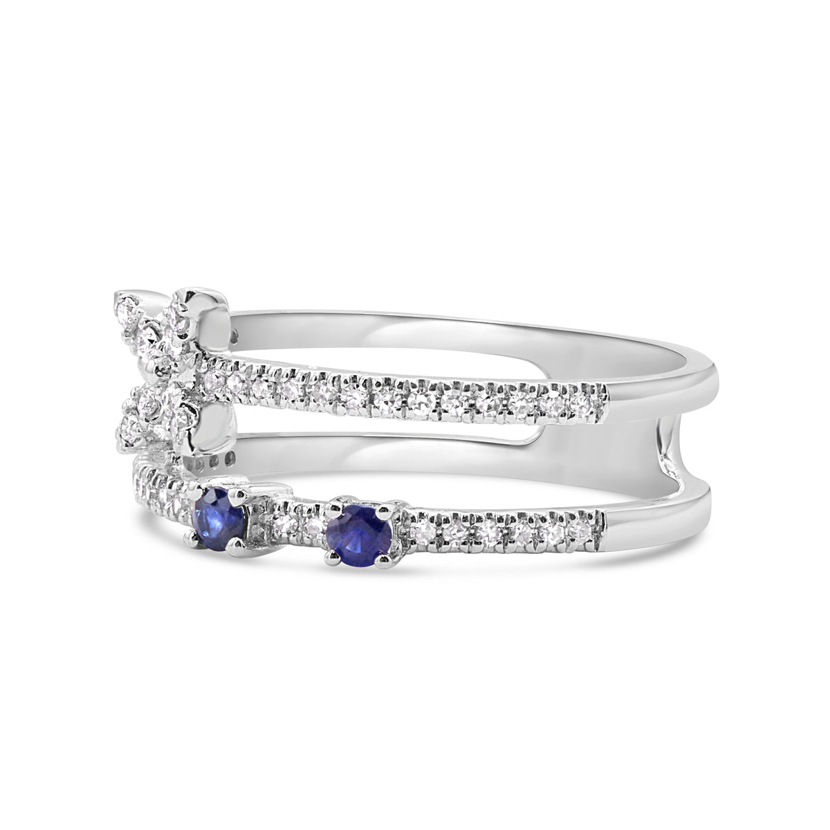 14K gold petite diamond flower ring with blue sapphire accents.