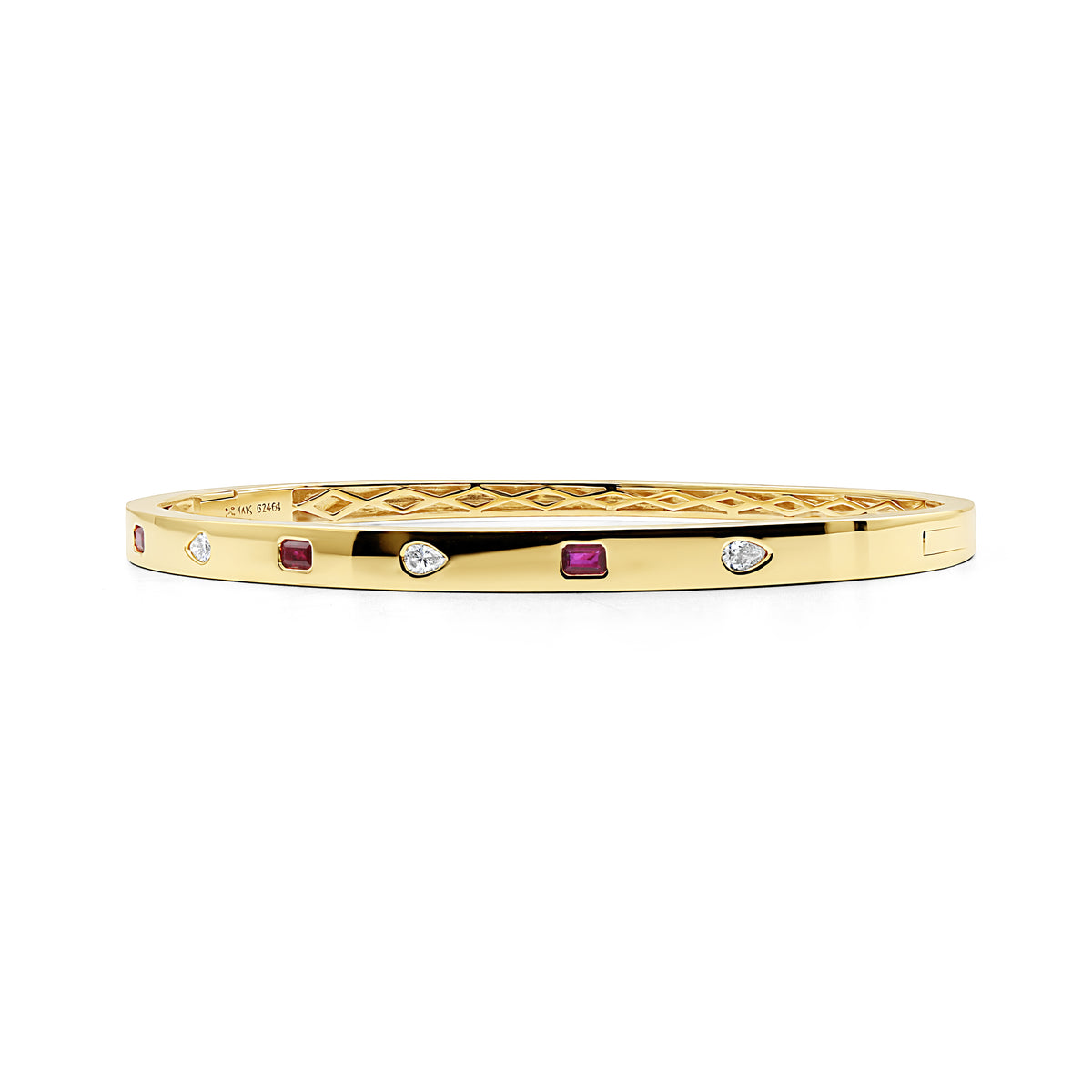 14K gold bangle with vibrant rubies and pear-shaped diamond accents.