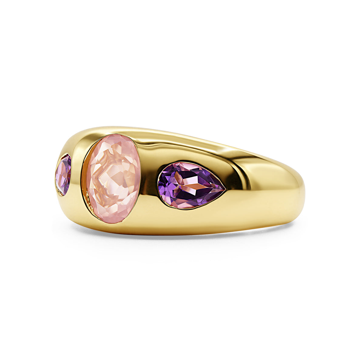 14K gold three-stone dome ring with pavé-set round diamond accents.