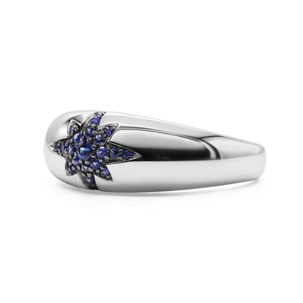 14K white gold sapphire dome ring with blue sapphires arranged in a firecracker-inspired design.
