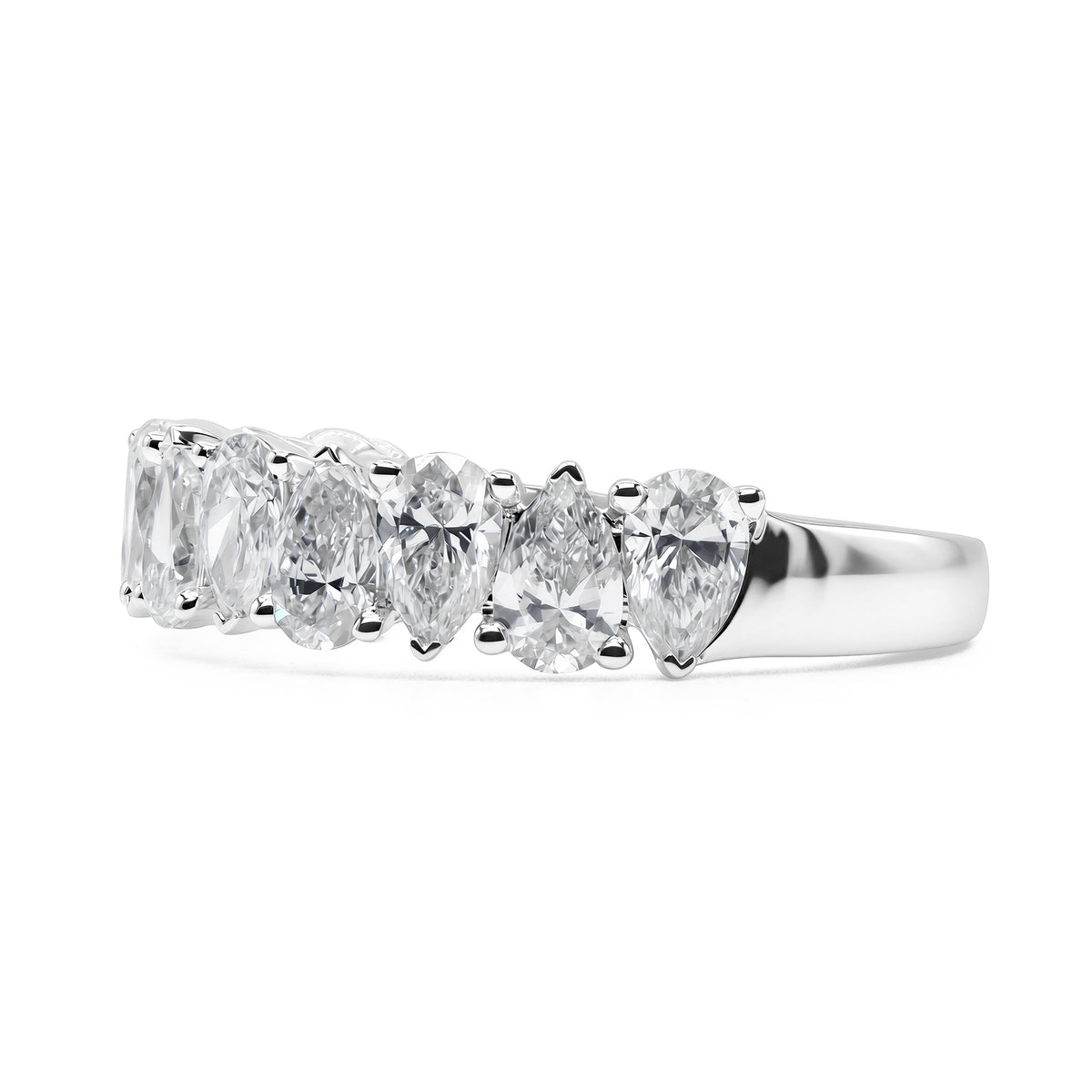 14K white gold eternity band featuring 11 lab grown pear diamonds totaling 1.63 carats.