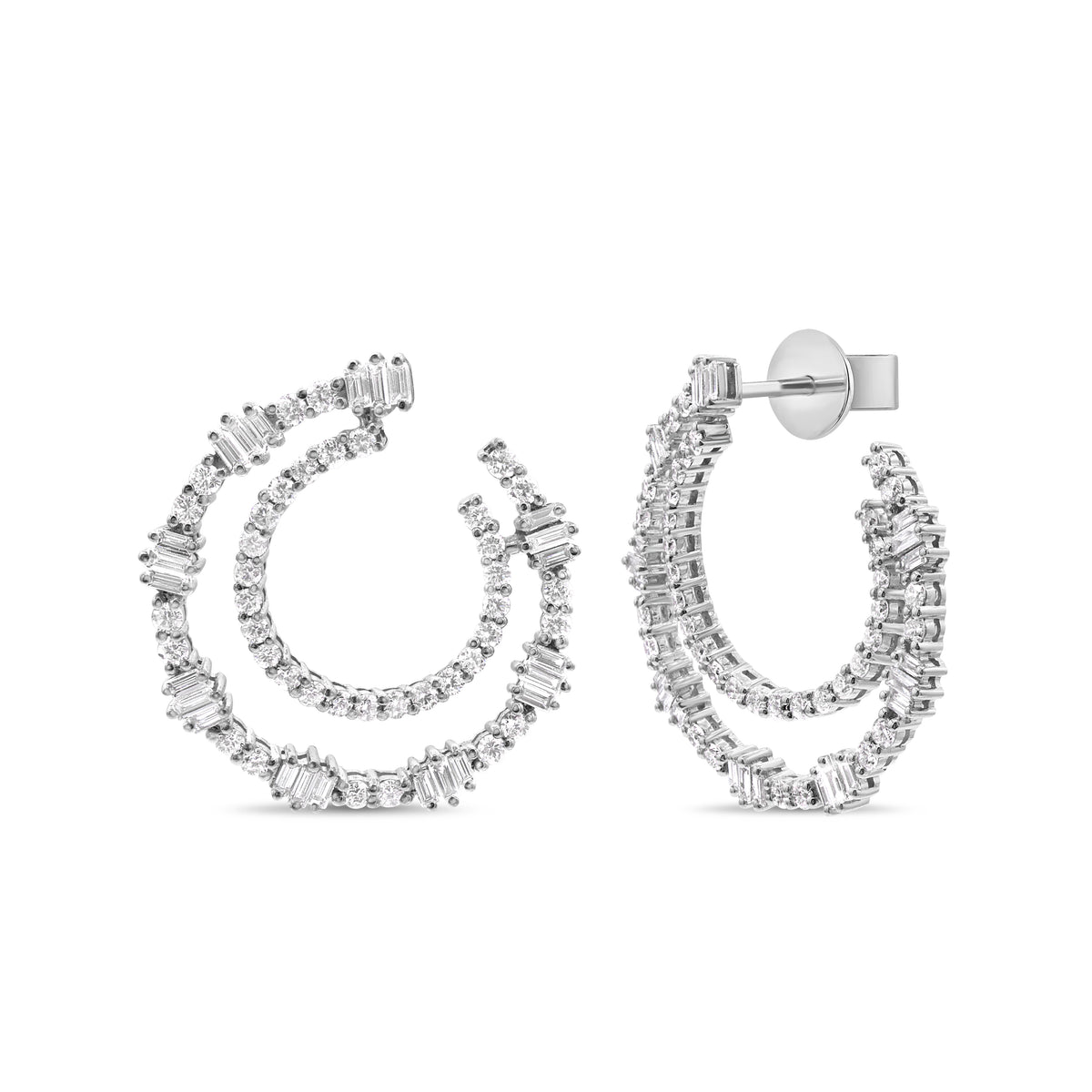 14K white gold spiral diamond earrings featuring 2.51 carats of baguette and round diamonds.