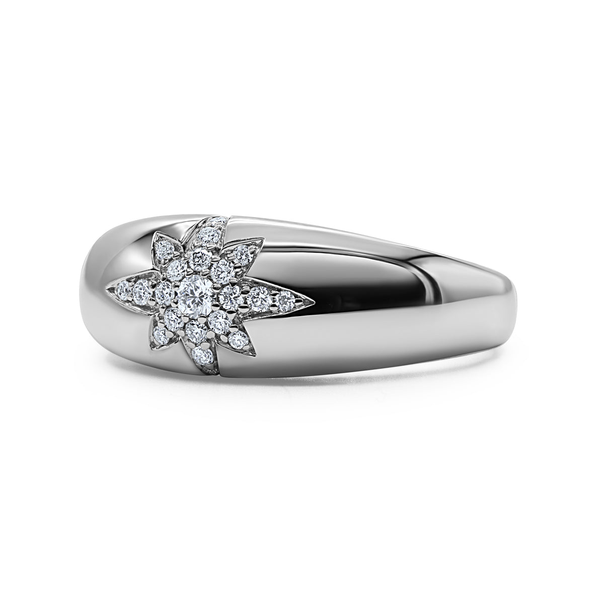 14K white gold diamond dome ring with round diamonds arranged in a firecracker-inspired design.
