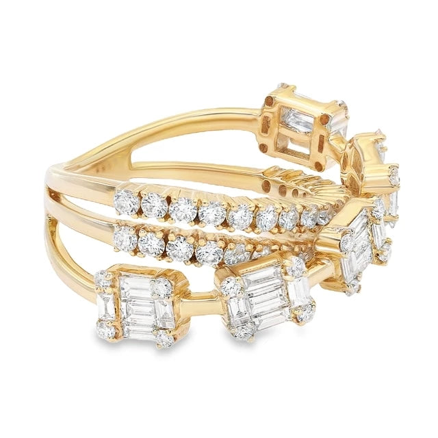18K yellow gold baguette and round diamond overlay ring featuring mixed-cut diamonds in an elegant, modern design.