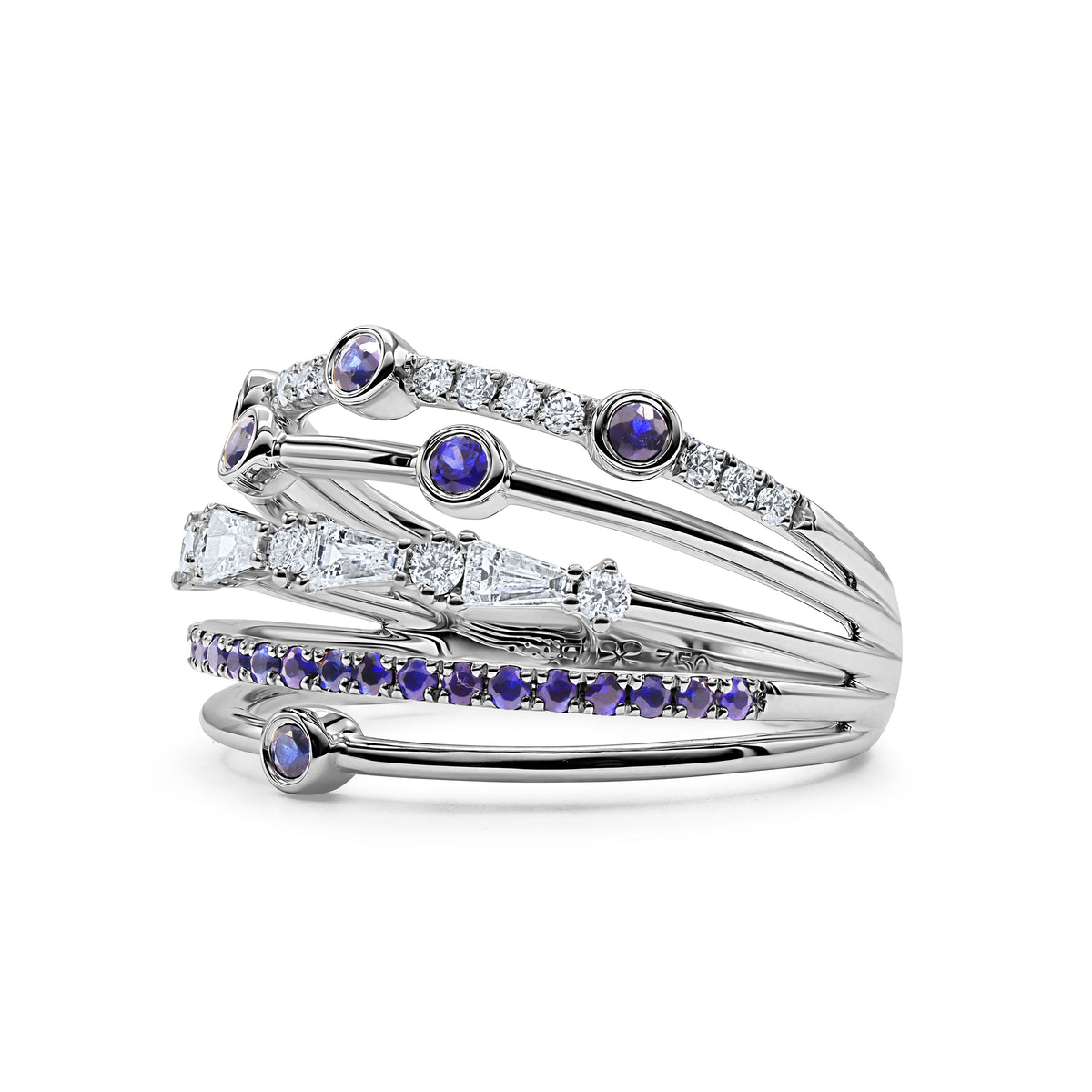 18K gold blue sapphire and diamond orbit ring with layered baguette and round diamond rows.