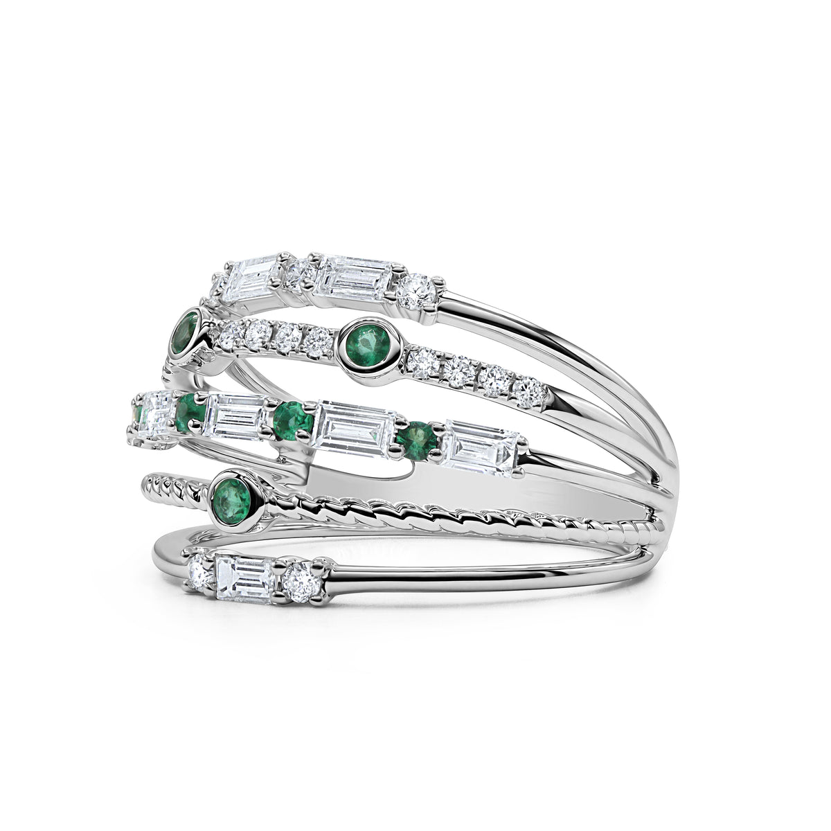 18K gold green emerald and diamond orbit ring with layered baguette and round diamond rows.