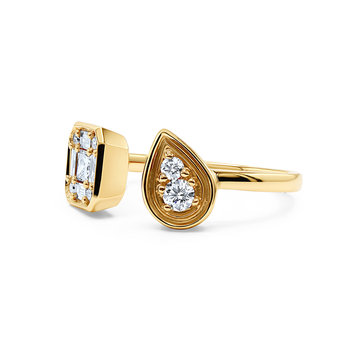 18K gold moi et toi ring with a pear diamond and square-inspired emerald design accented by baguette and round diamonds.