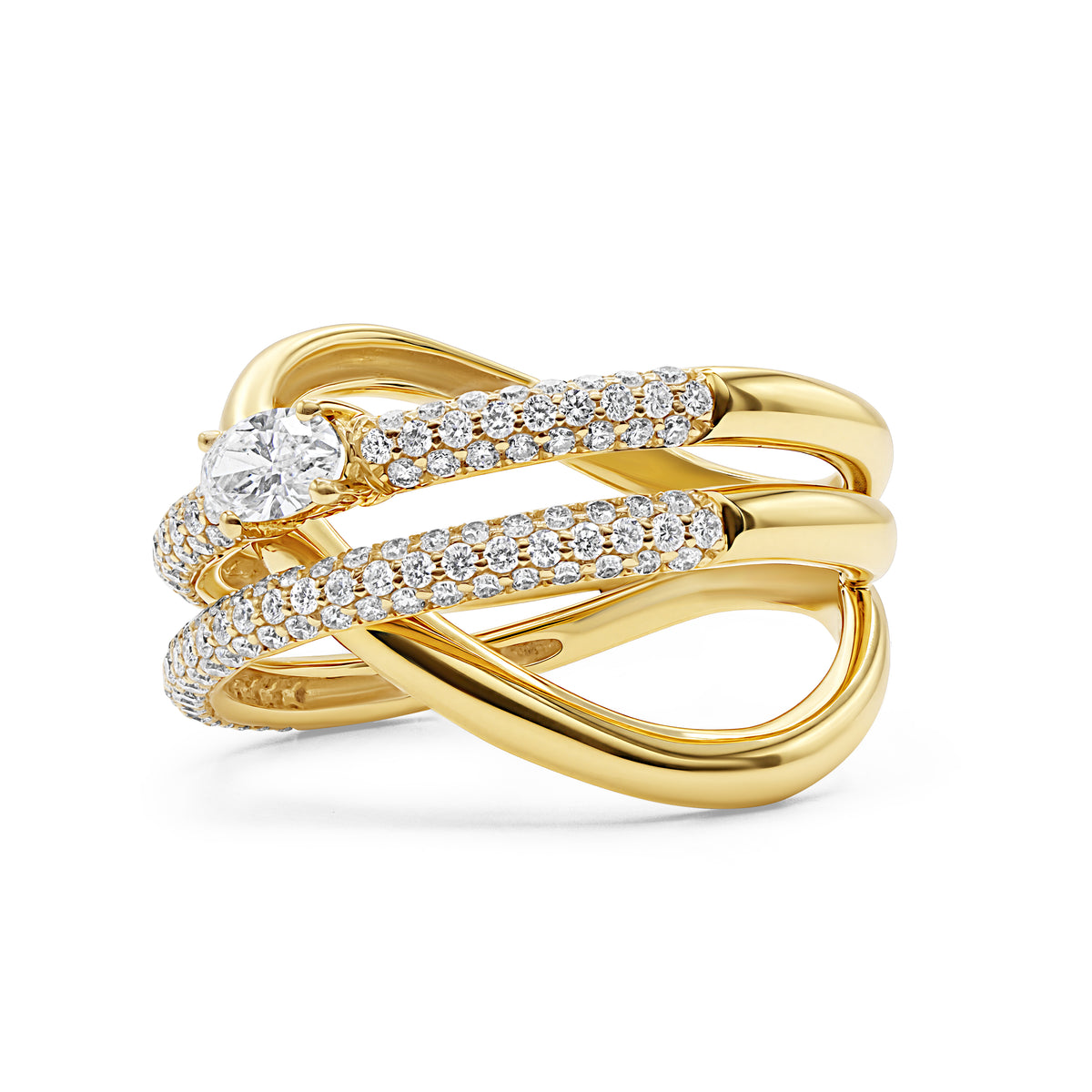 18K gold criss cross ring with pavé-set round diamonds and an oval diamond accent.