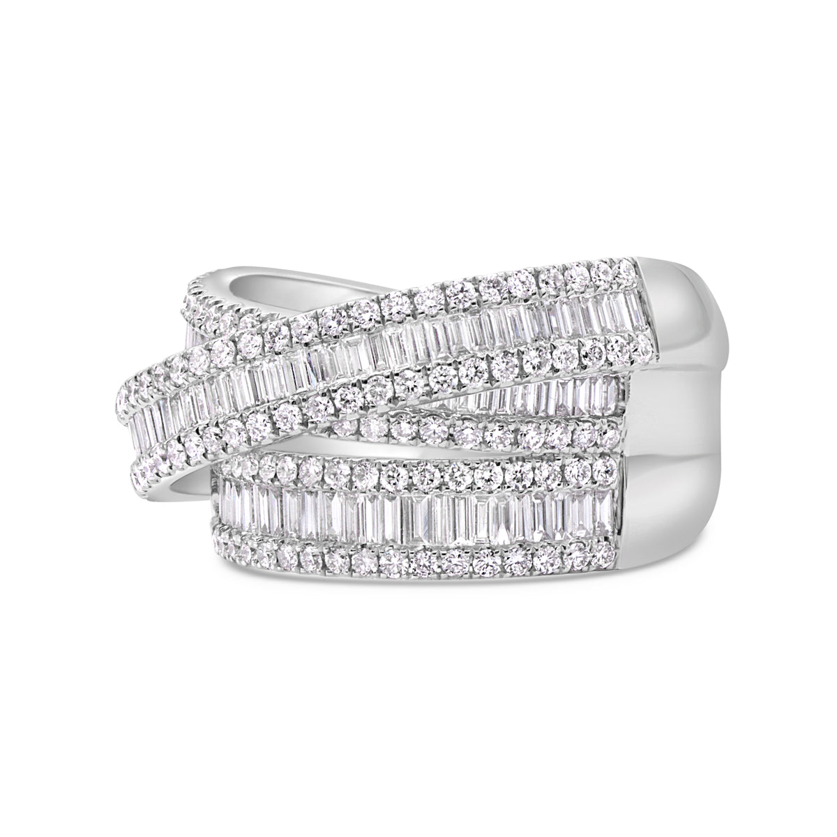 18K gold criss cross diamond ring with baguette and round brilliant diamonds totaling 1.89 CTW.