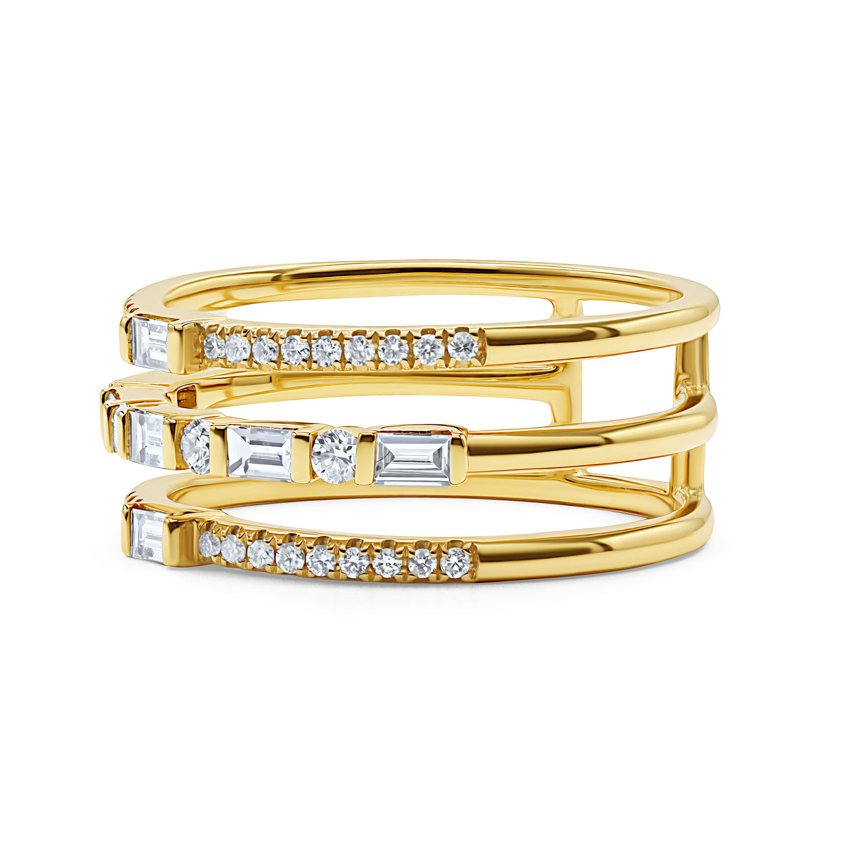 18K gold three-row ring with baguette and round diamond accents.