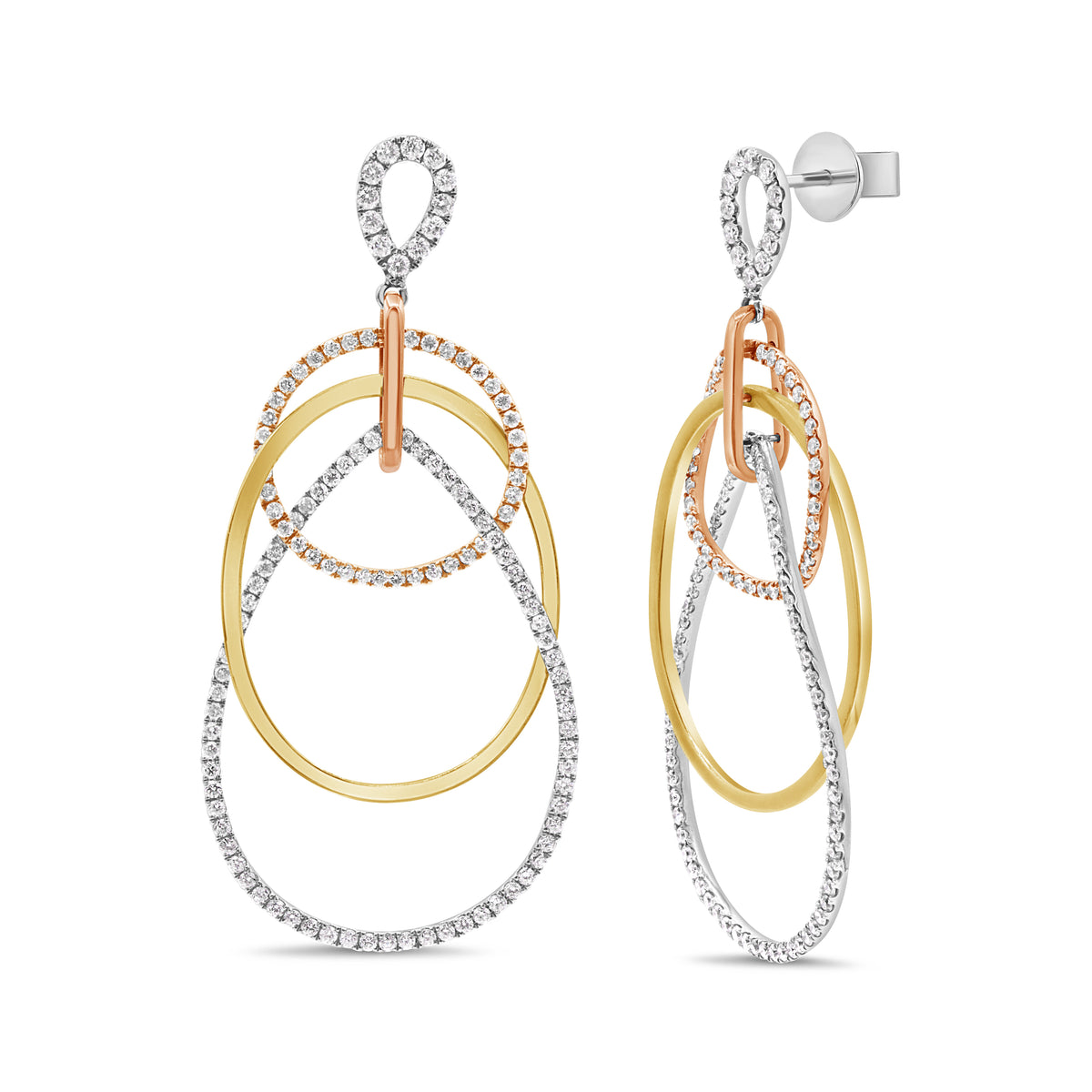 18K tri-color gold interlocking diamond drop earrings with 3.00 carats of round brilliant diamonds.