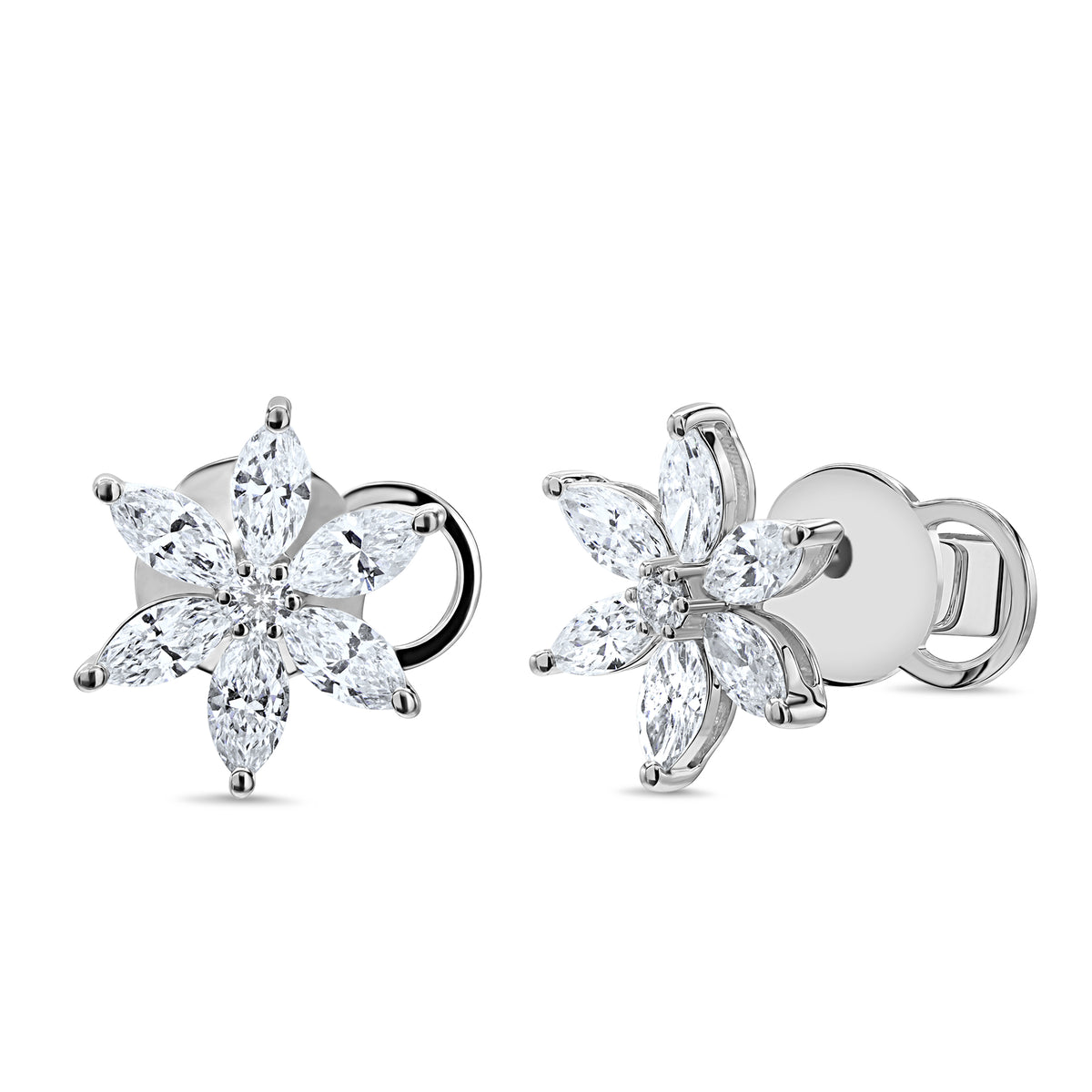 18K gold stud earrings featuring marquise diamonds arranged in a delicate flower design with round diamond accents.