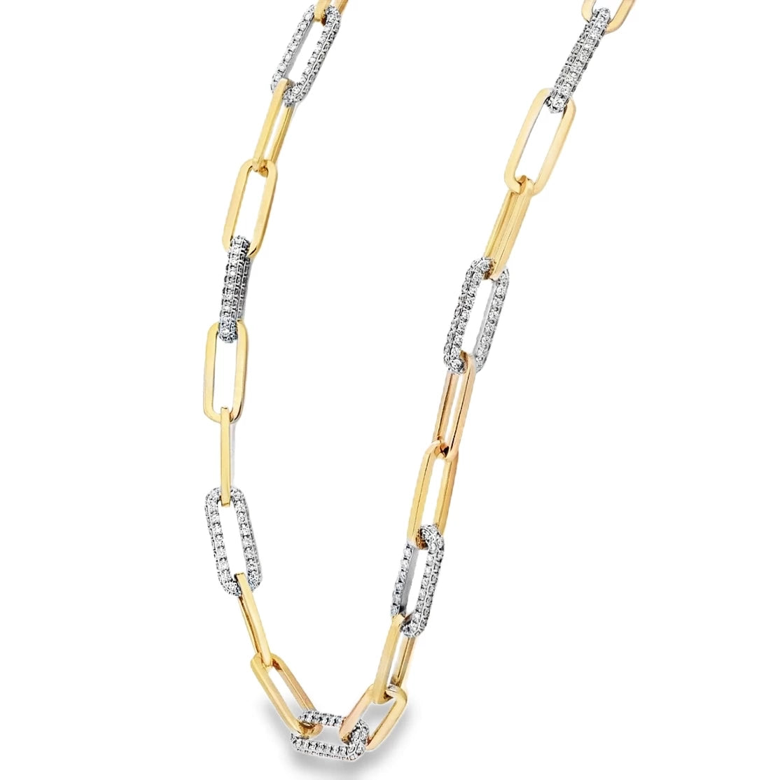 18K yellow and white gold necklace featuring diamond-encrusted paperclip links with 5.75 carats of G-H color SI clarity diamonds.