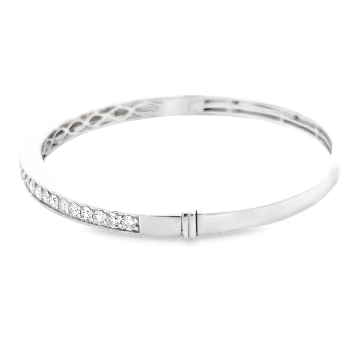 18K white gold diamond bangle with elegant pink mother of pearl inlays.