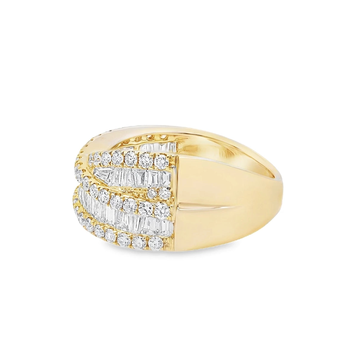 18K yellow gold statement ring with baguette and round diamond accents.