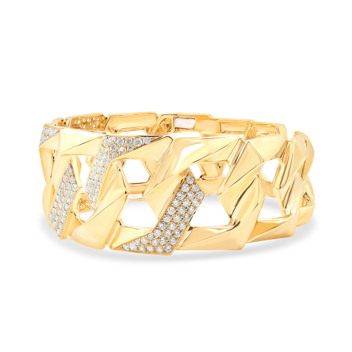 18K yellow gold diamond Cuban link bangle featuring 198 round brilliant diamonds.