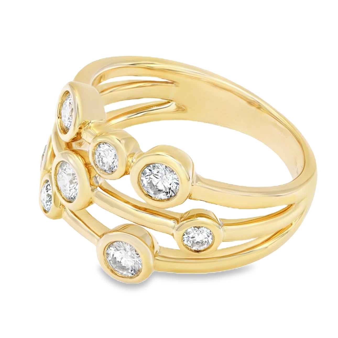 18K yellow gold diamond bubble ring featuring circular diamond motifs in a modern, stackable design.
