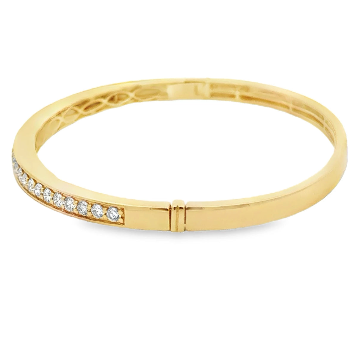18K yellow gold diamond bangle with striking malachite inlays.