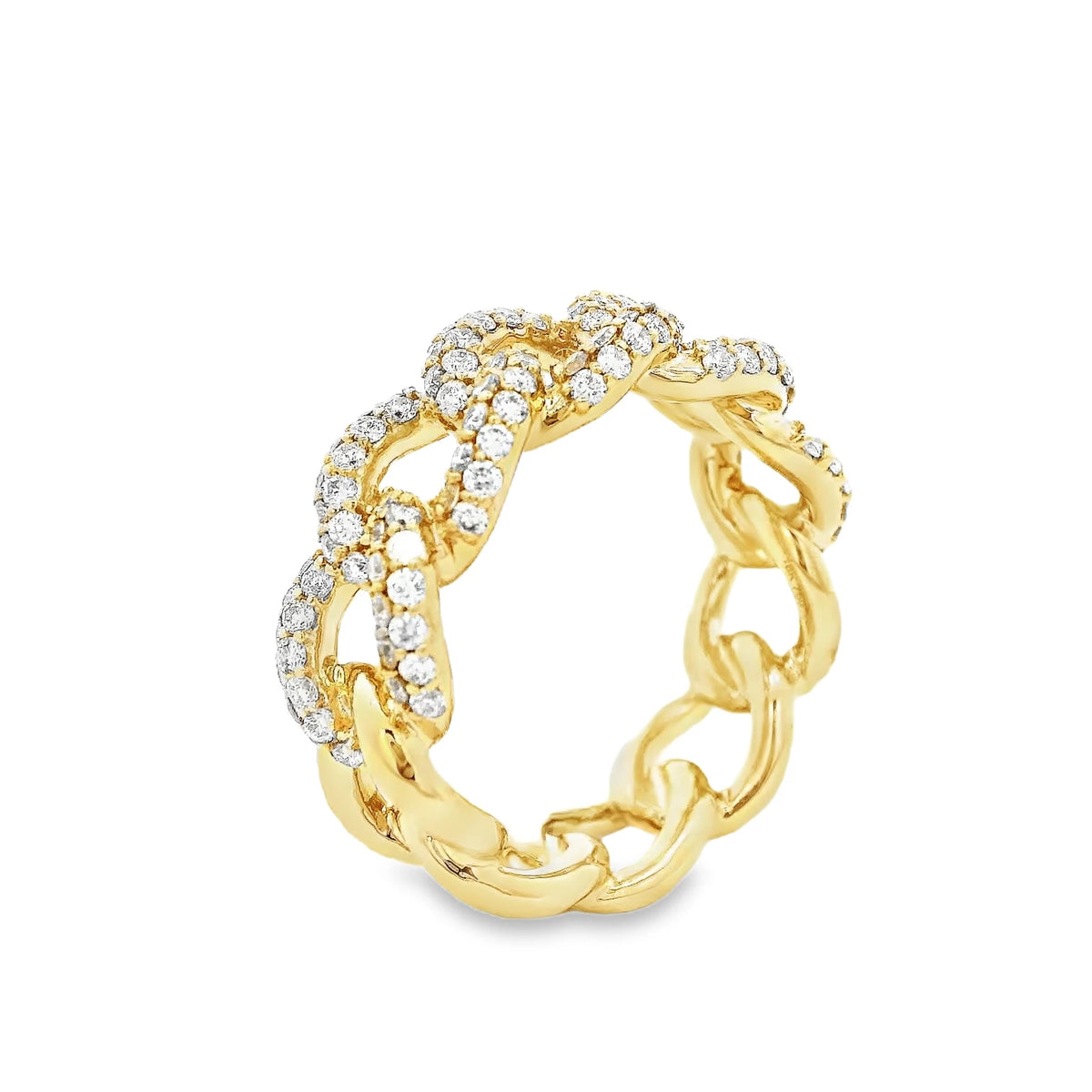 18K yellow gold diamond link ring with pavé diamonds extending halfway around the band.