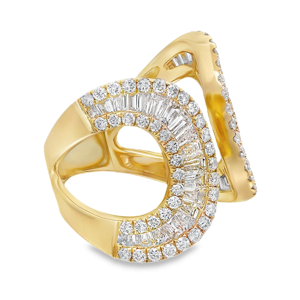 18K yellow gold ring featuring round and baguette diamonds with approximately 2.70 carats total weight in an intertwining design.