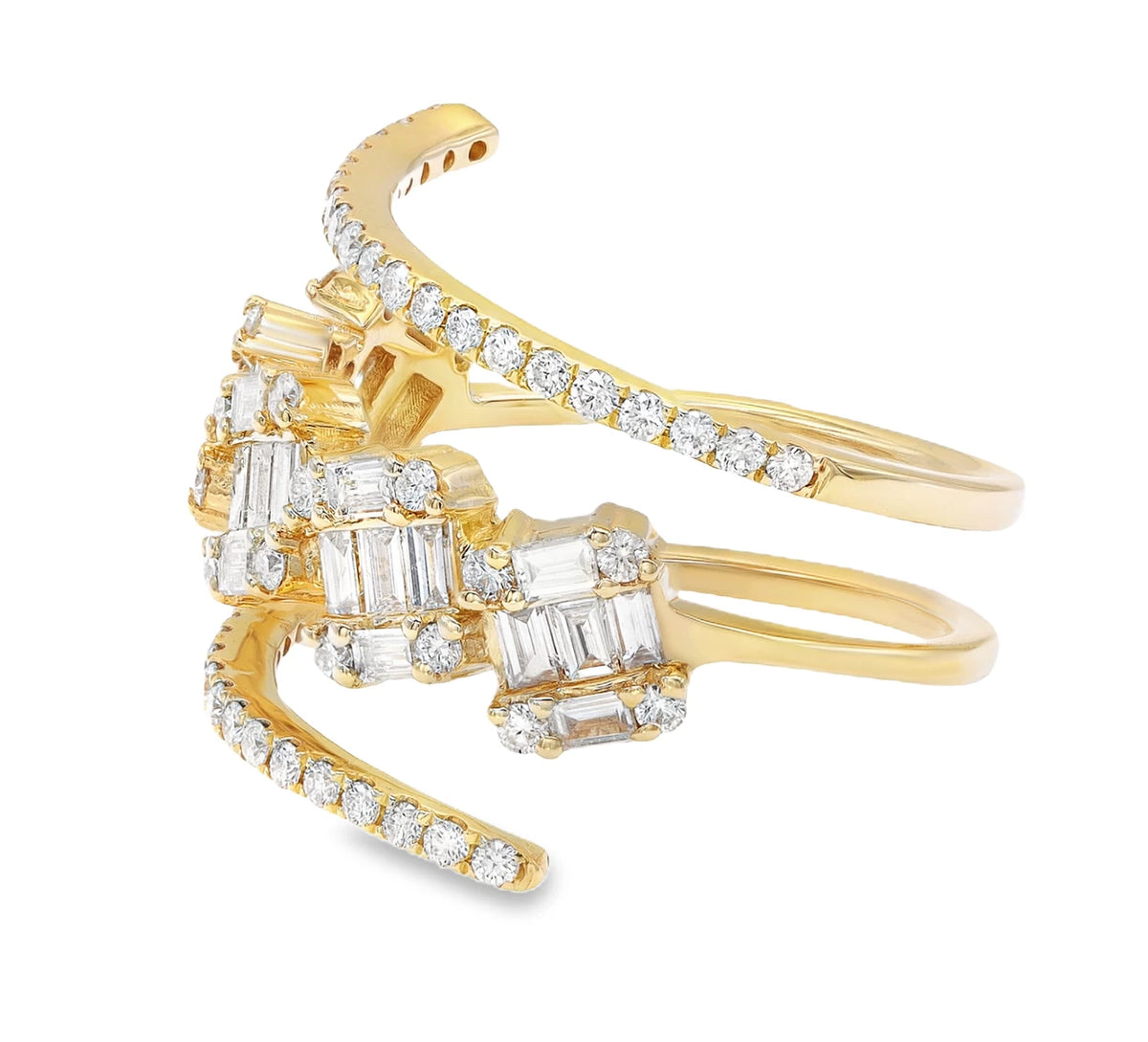 18K yellow gold stacked diamond ring with a bold and elegant layered design.
