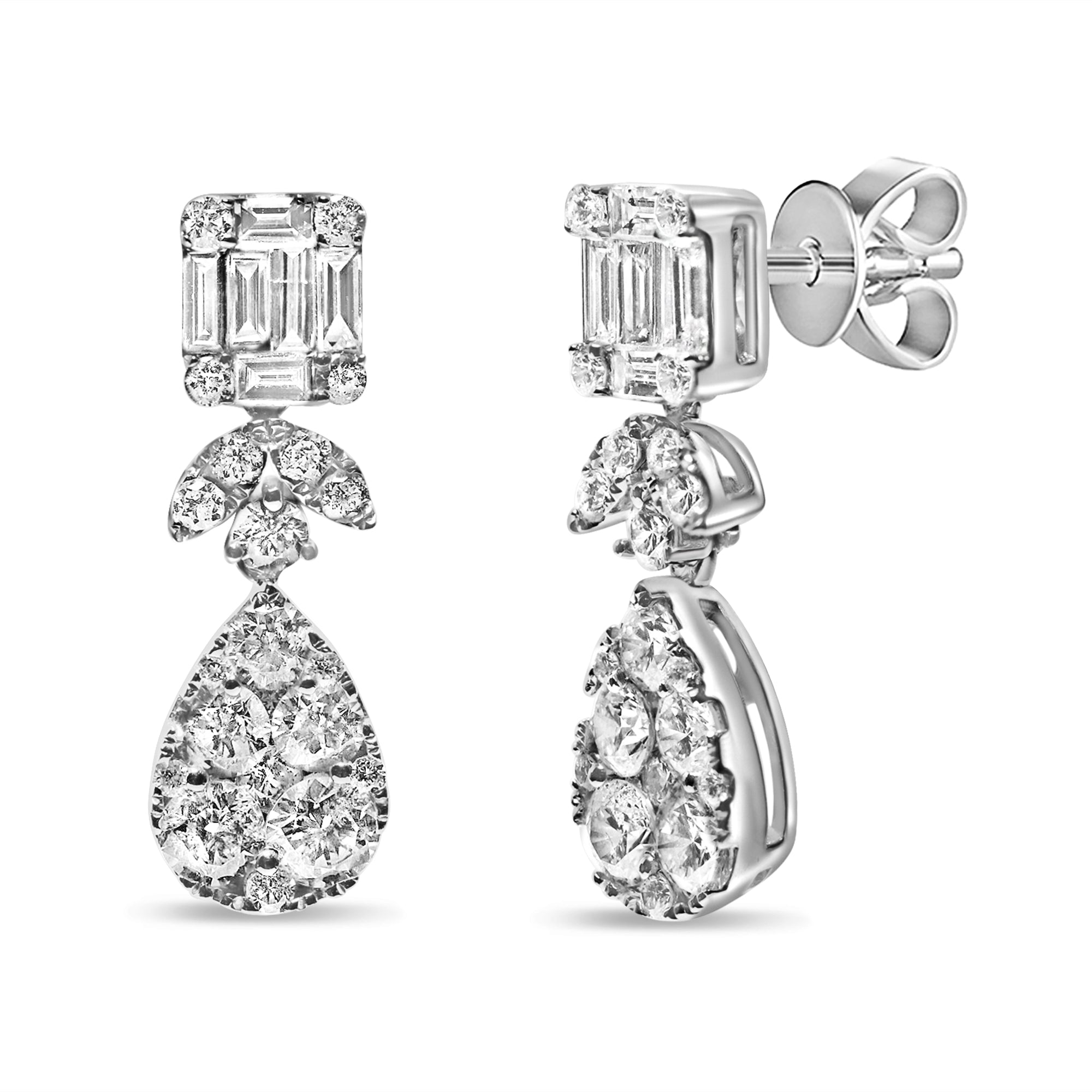 Baguette and round cluster diamond earrings in 14K white gold featuring mixed-cut diamonds in an elegant cluster design.