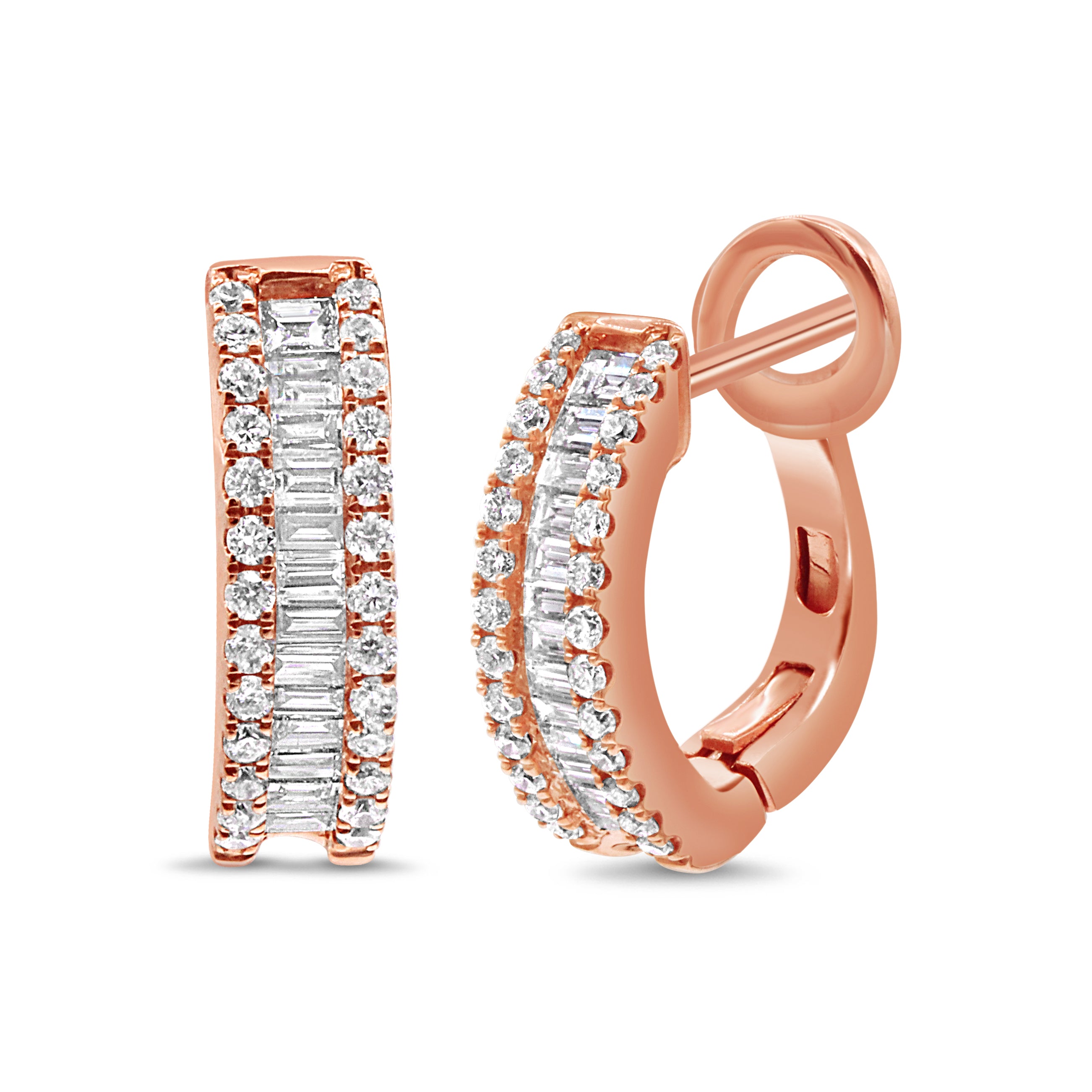 Baguette and round diamond huggie earrings in 14K rose gold featuring alternating baguette and round brilliant diamonds in an elegant design.