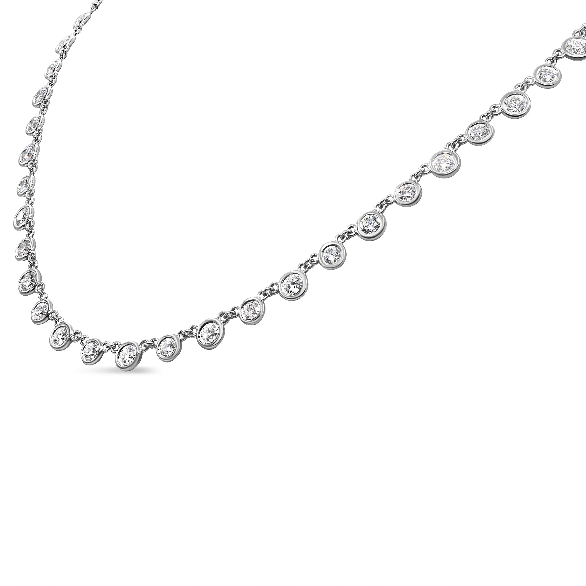 14K gold bezel-set diamond necklace featuring 45 round diamonds in a sleek, modern design.