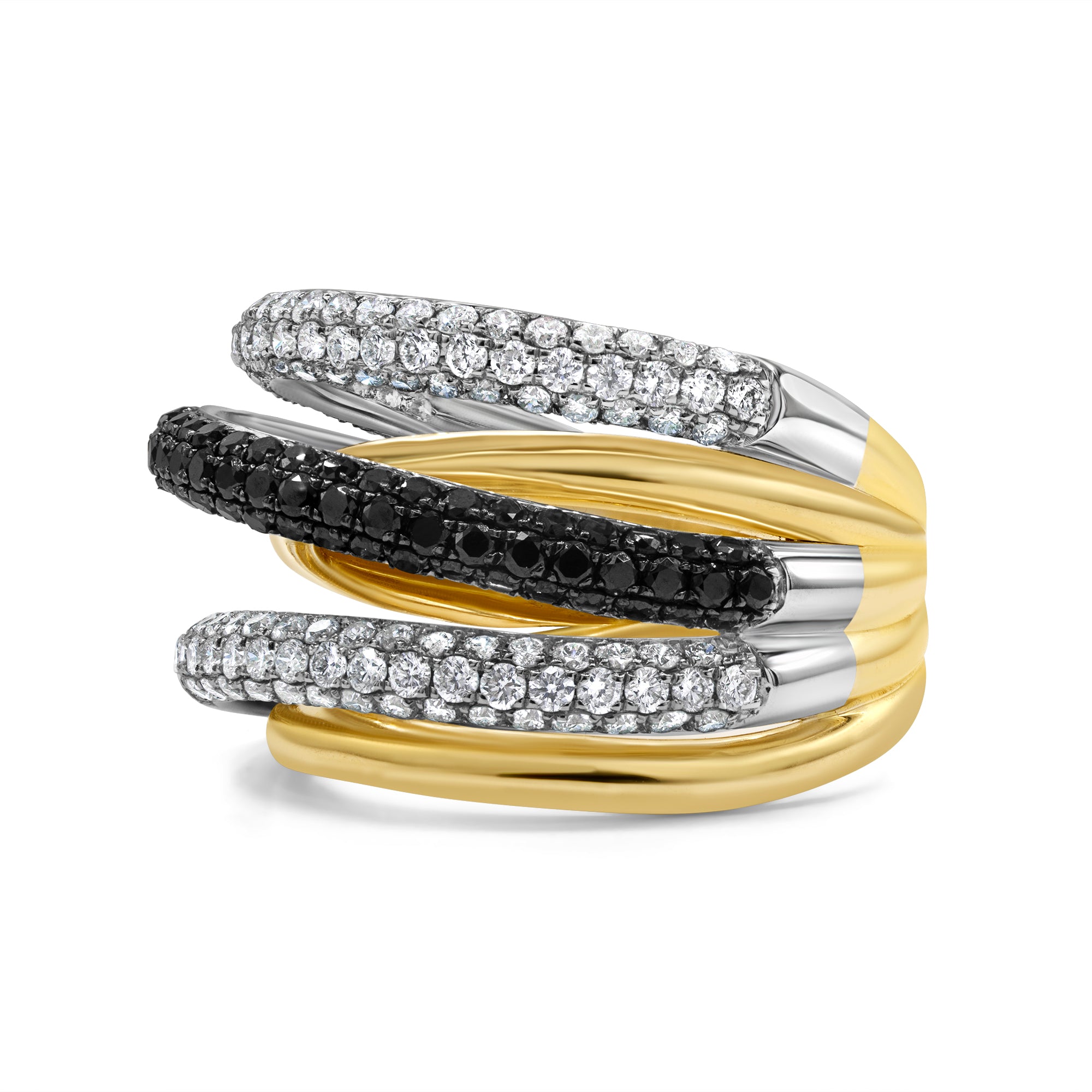 14K gold dome ring featuring black and white diamonds in a bold multi-row prong-set design.