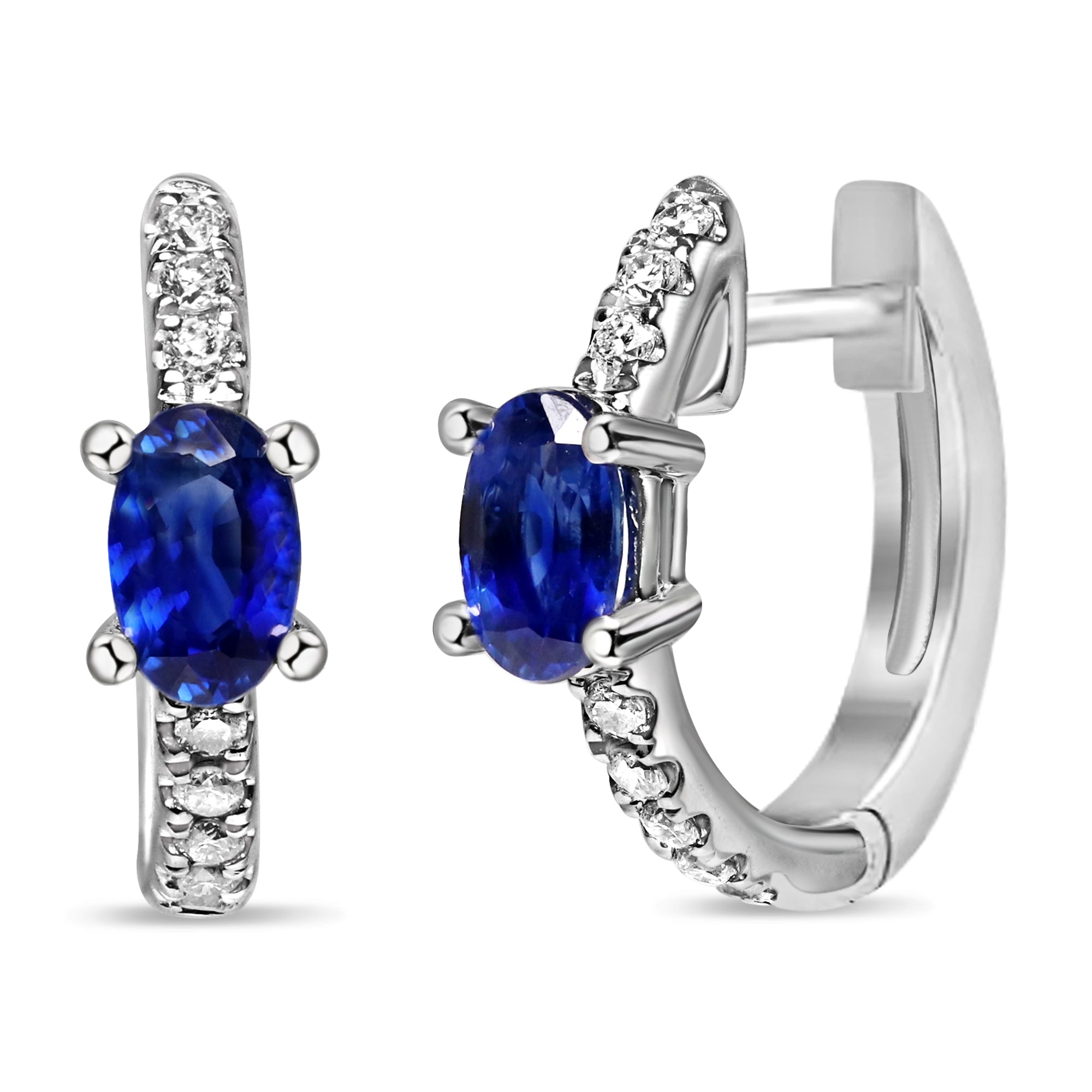 Diamond and blue sapphire huggie earrings in 14K white gold featuring vibrant sapphire accents and round diamonds in a sleek hoop design.