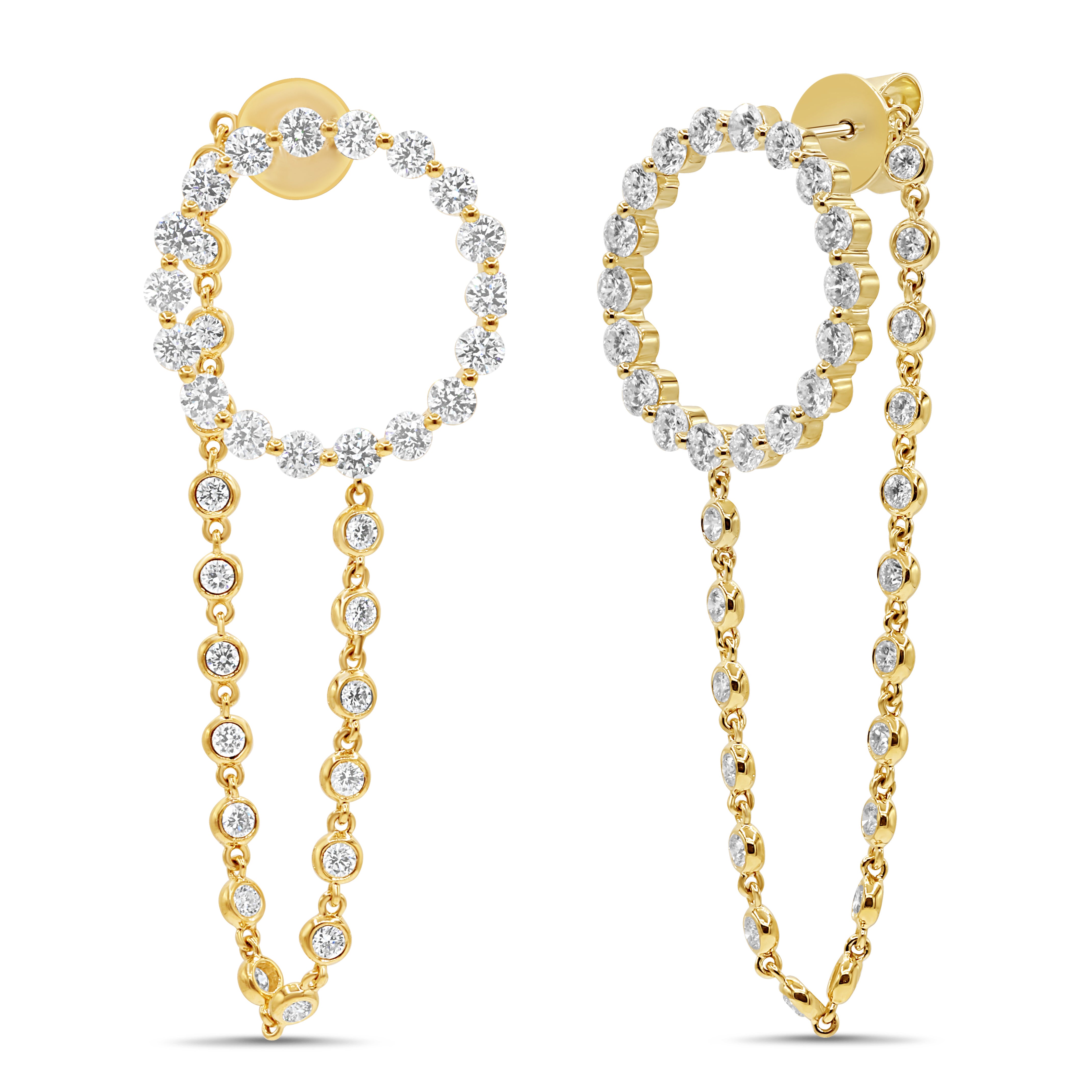 18K gold earrings featuring diamond-encrusted chain links with a cascading circle design.