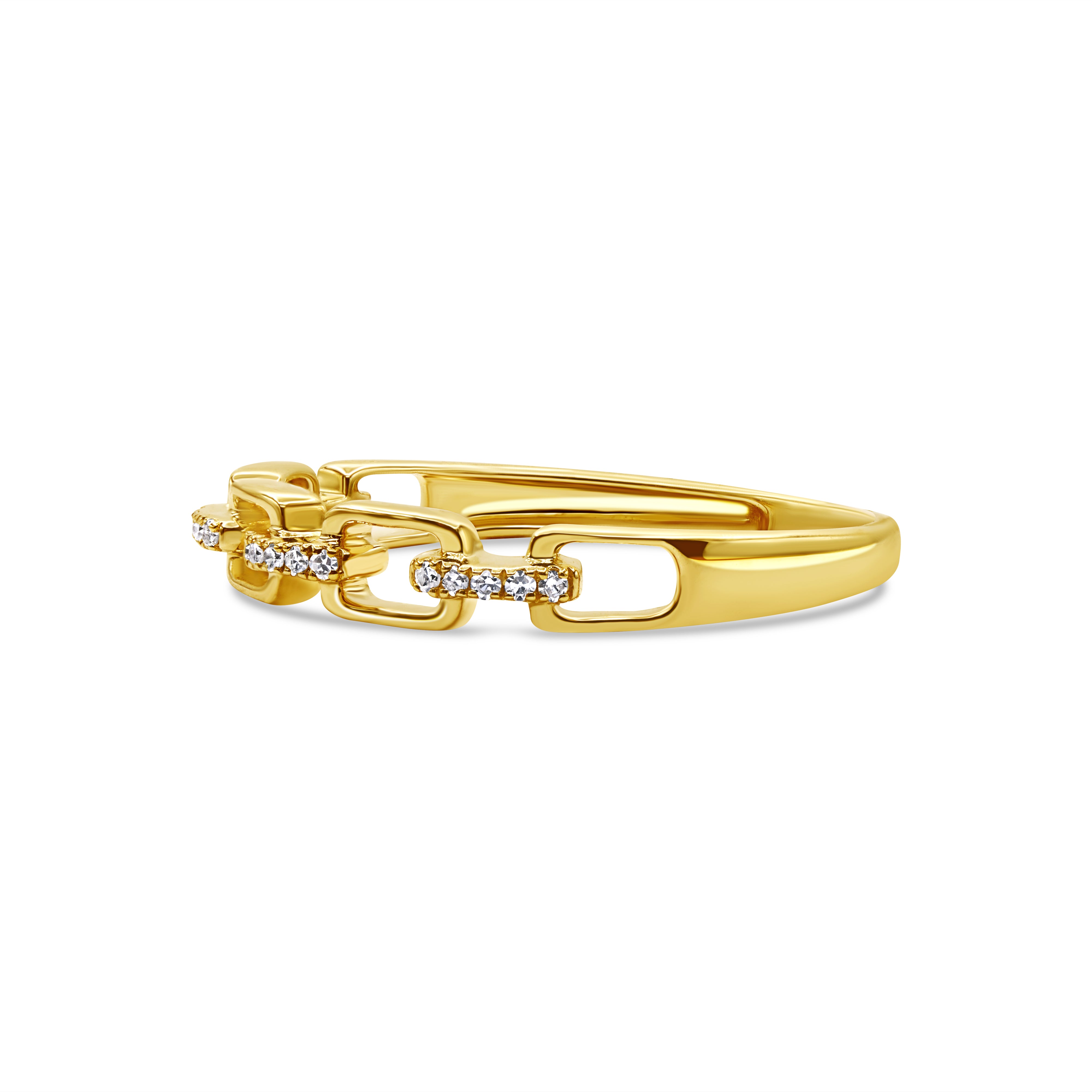14K gold diamond stackable ring featuring an interlocking link design with pavé-set round brilliant diamonds in a dainty, modern style.