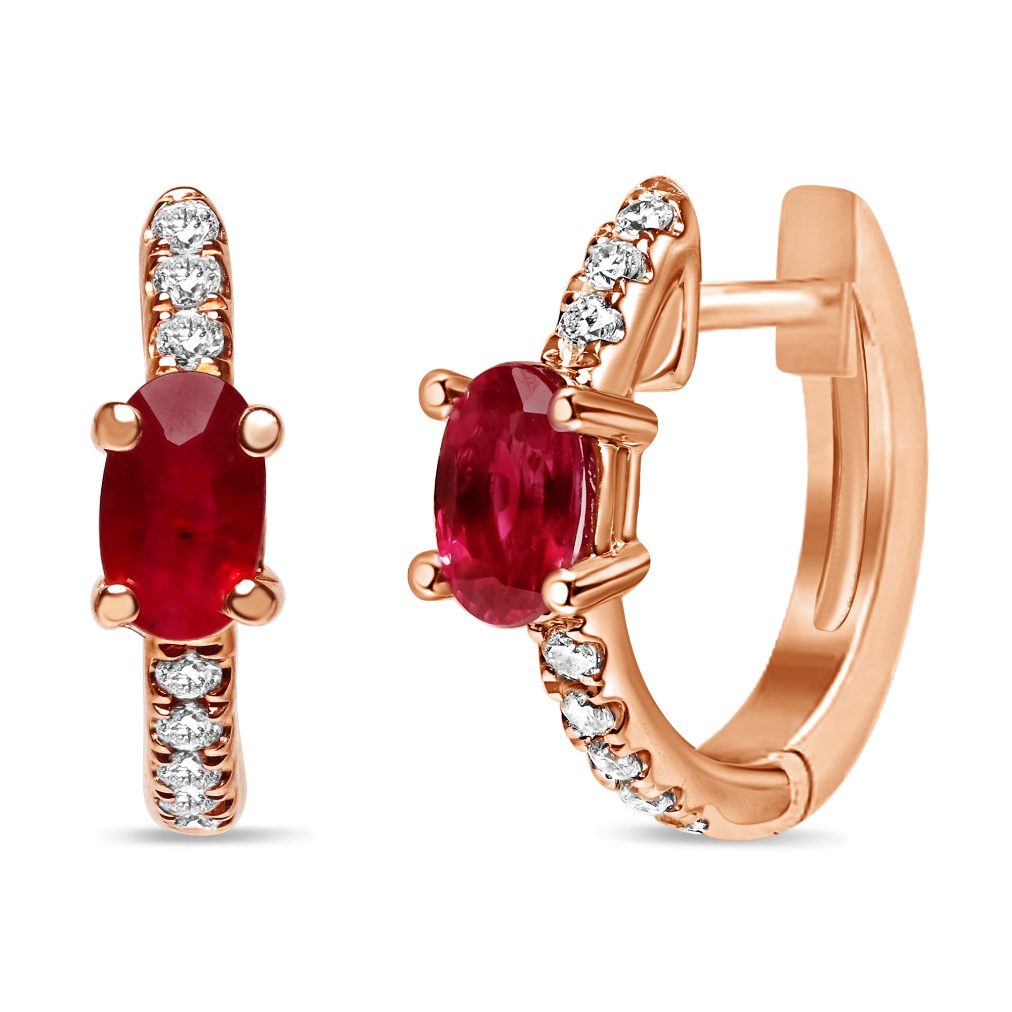 Diamond and ruby huggie earrings in 14K rose gold featuring round diamonds and vibrant ruby accents in a sleek design.