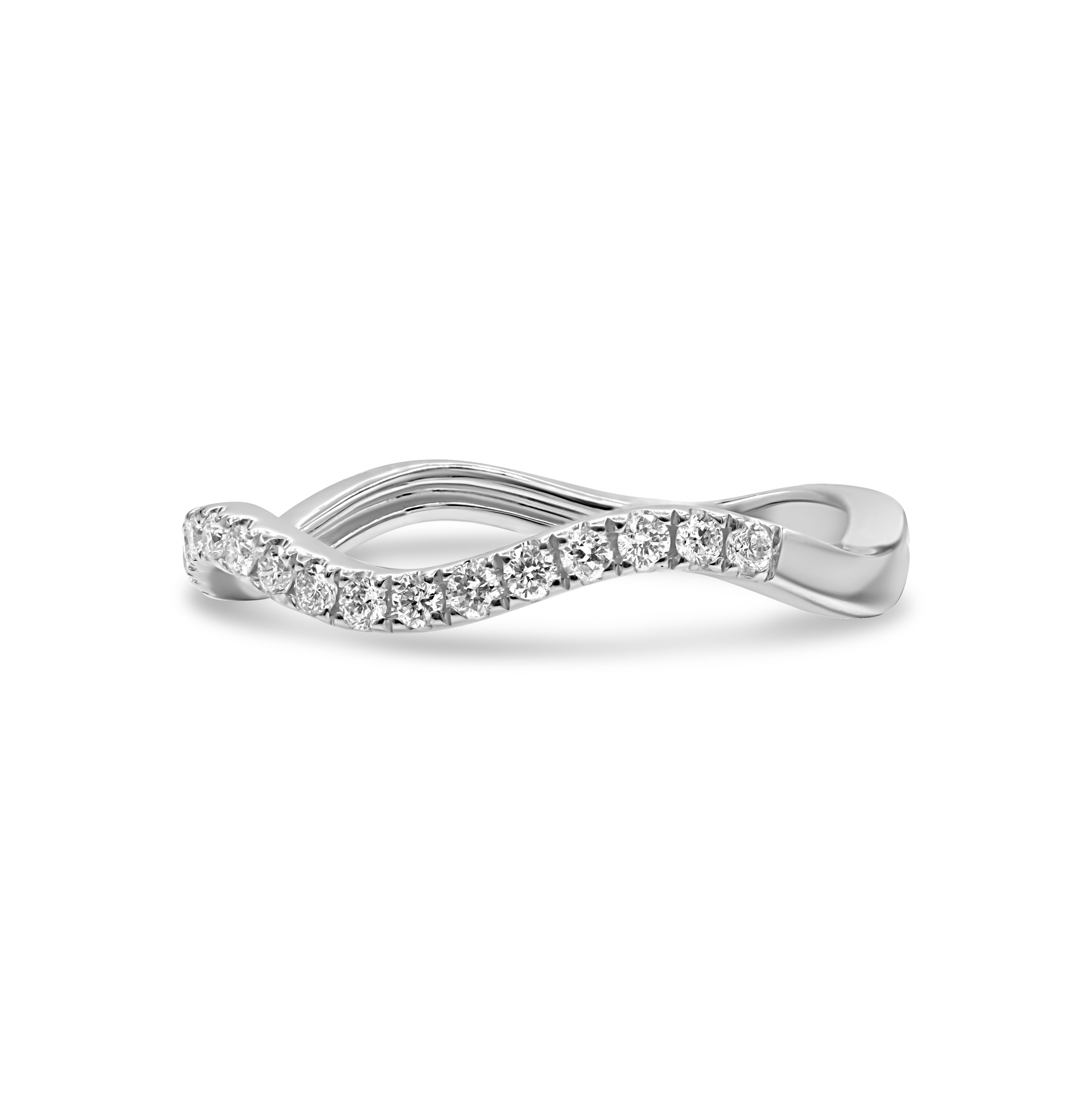 Diamond wave ring in 14K gold featuring round diamonds in a modern, flowing design.