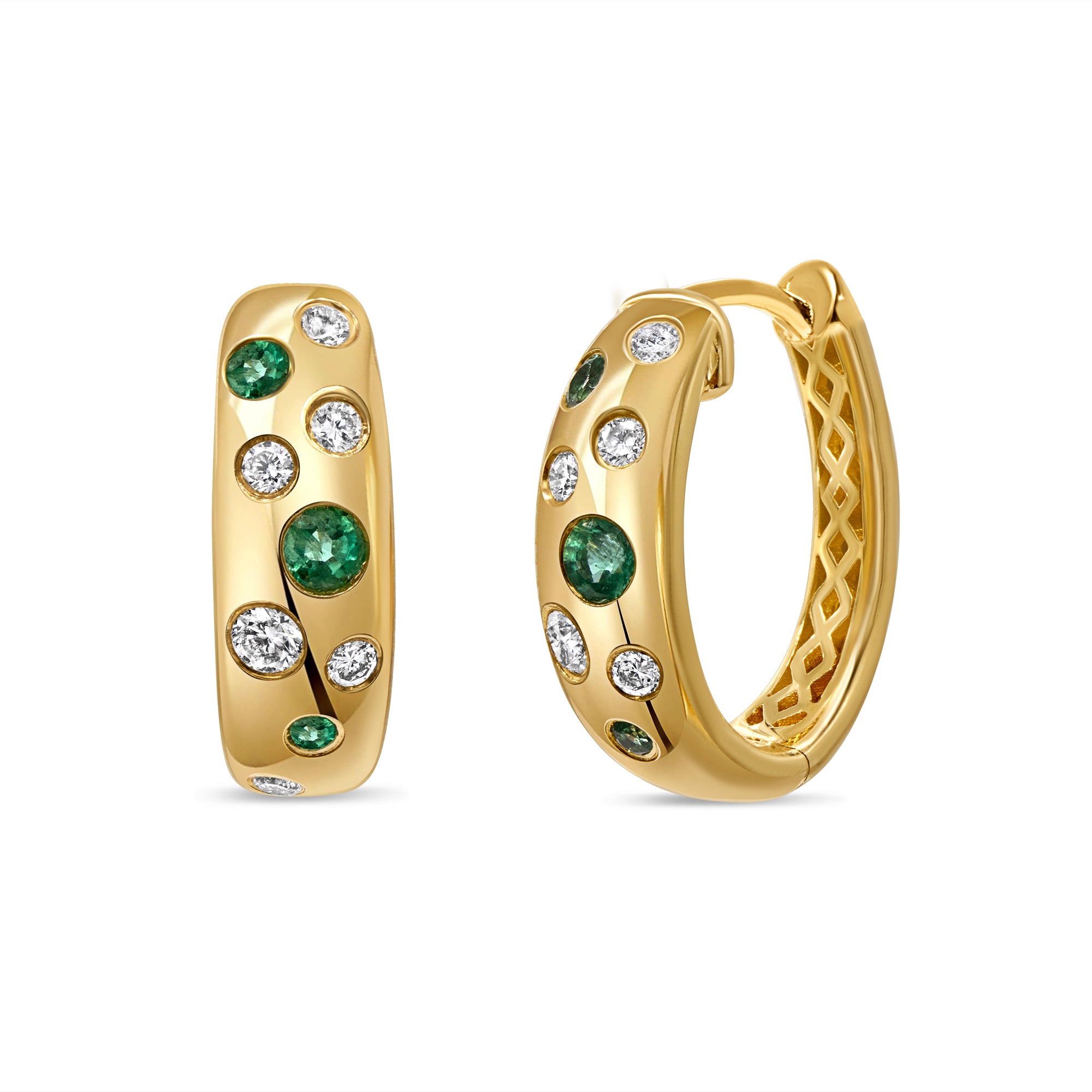 14K gold hoop earrings featuring green emeralds and round brilliant diamonds in an elegant inlay design.
