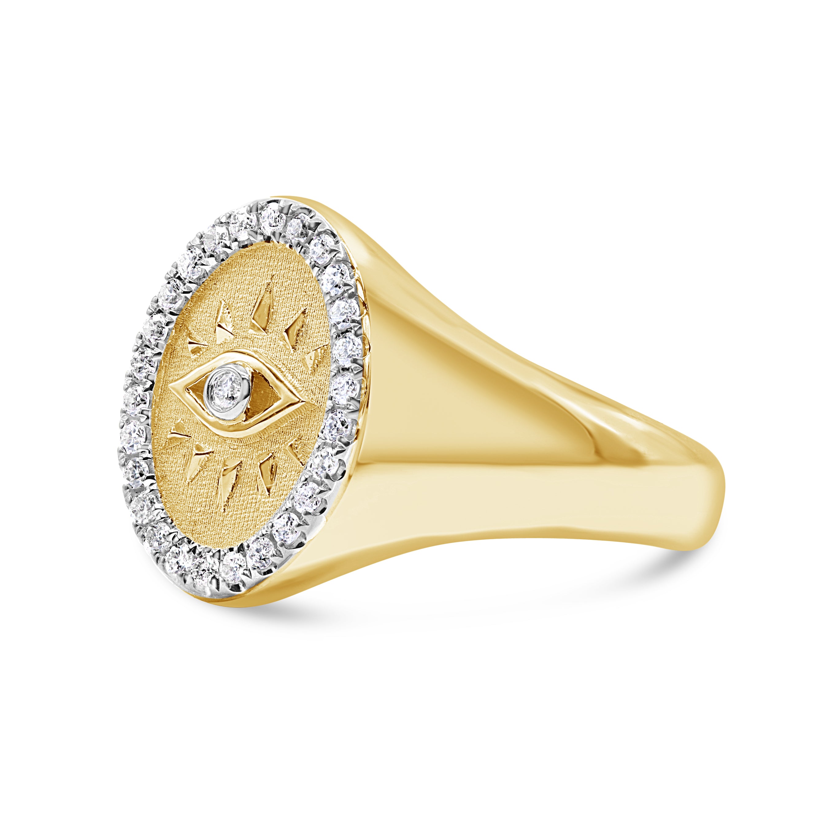 Eye diamond pinky ring in 14K gold featuring round brilliant diamonds in a symbolic eye-inspired design.