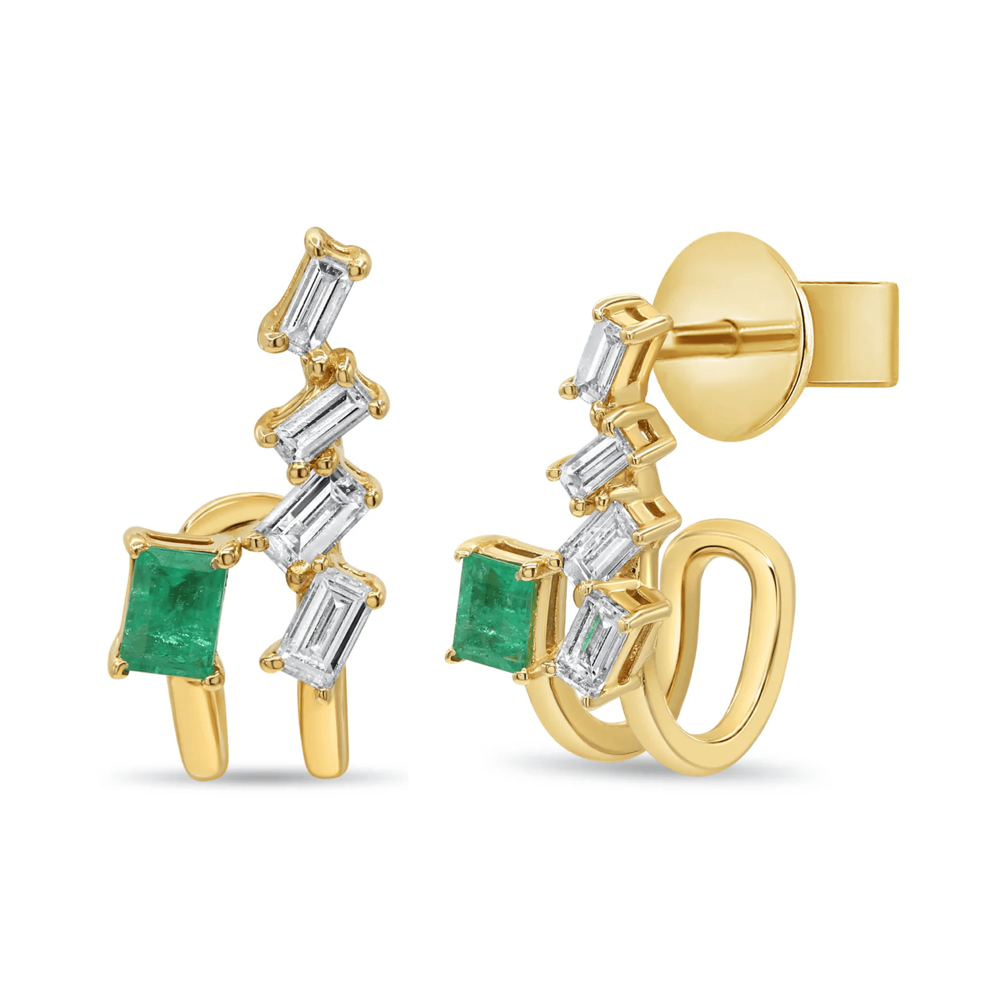 14K gold earrings featuring floating baguette diamonds and bezel-set green emeralds in a modern design.