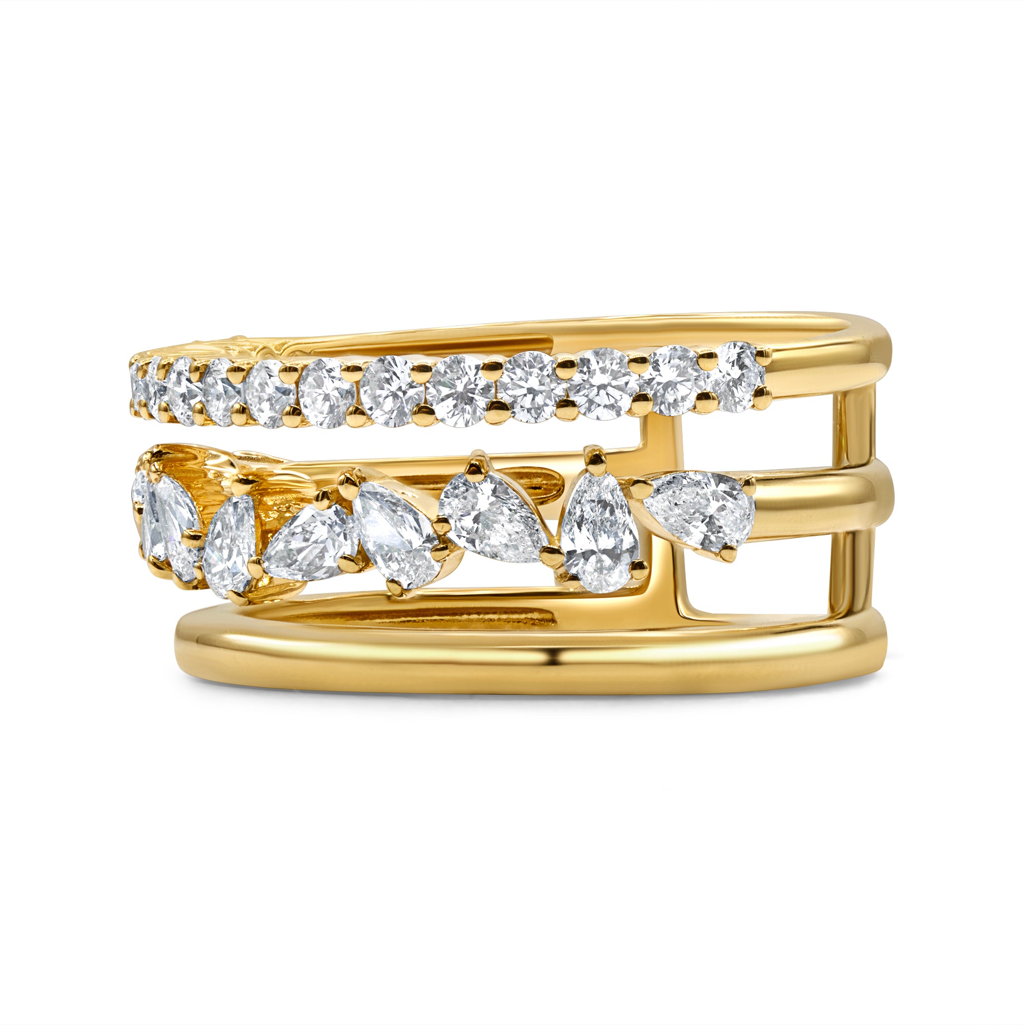 Floating pear and round diamond ring in 14K gold featuring prong-set lab-grown diamonds in a modern multi-band statement design.