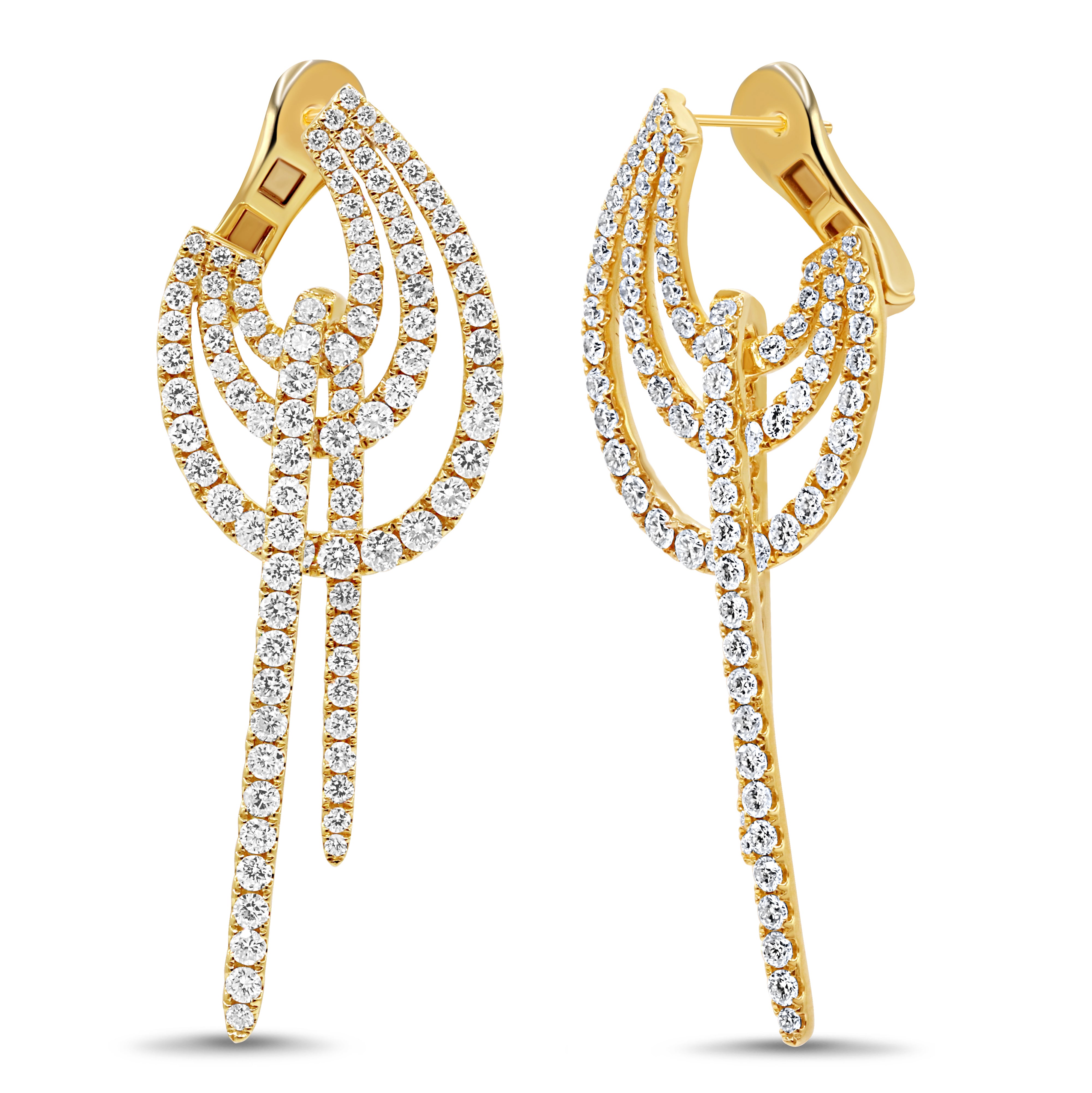 Geometric diamond dangle earrings in 18K gold featuring cascading open shapes with round brilliant diamonds in a modern design.